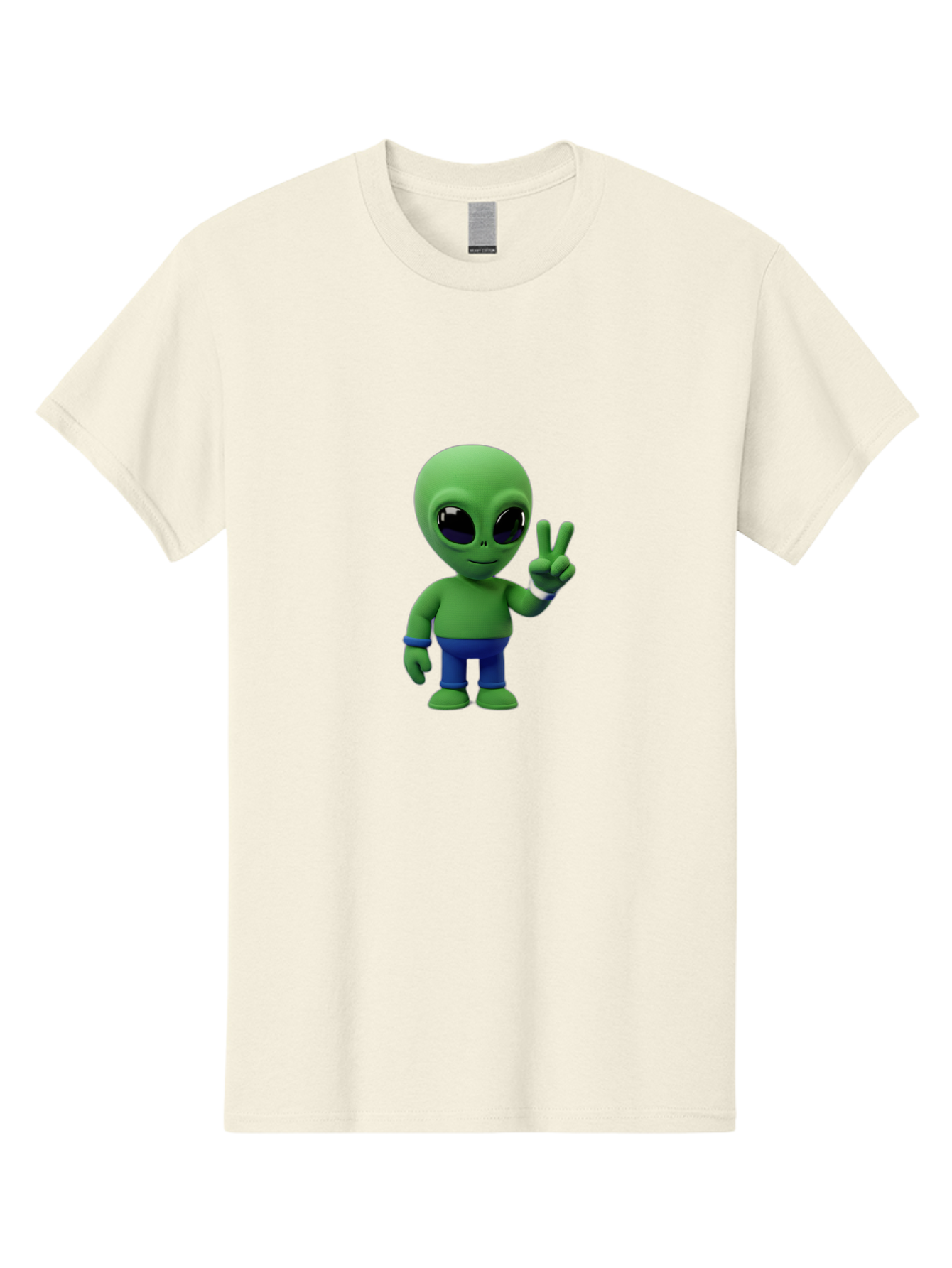 Alien-Peace-Sign-3 Men'S Graphic Tee, 100% Cotton, Comfortable Casual Summer Wear, Machine Washable, Cartoon Alien, Peace Sign, Blue Pants, Blue Bracelet, Friendly Gesture, 3D Character, Space Creature, Fun Design, Playful Pose, Kawaii Style Bab632 11