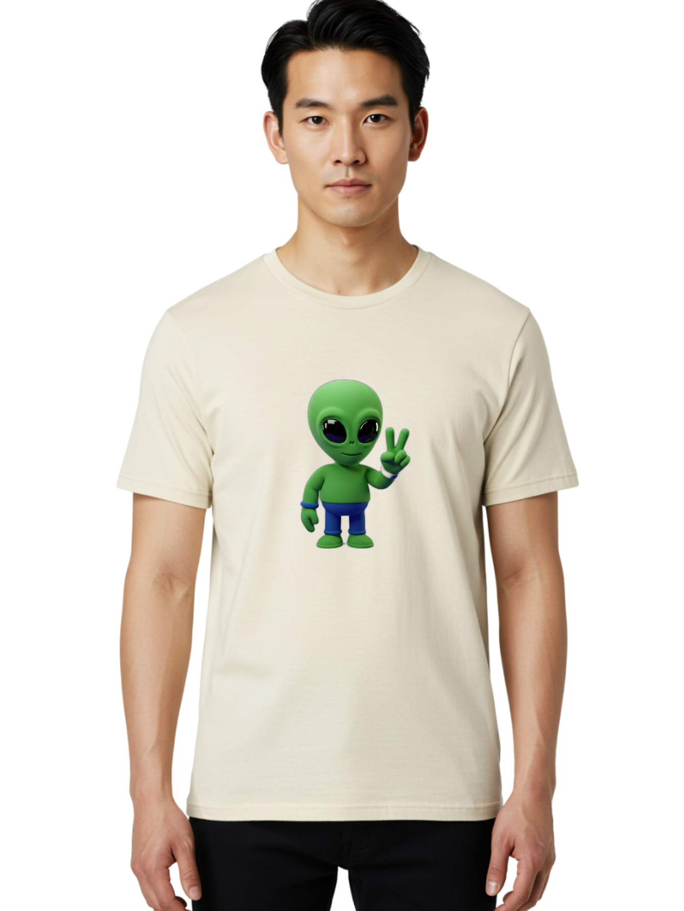 Alien-Peace-Sign-3 Men'S Graphic Tee, 100% Cotton, Comfortable Casual Summer Wear, Machine Washable, Cartoon Alien, Peace Sign, Blue Pants, Blue Bracelet, Friendly Gesture, 3D Character, Space Creature, Fun Design, Playful Pose, Kawaii Style Bab632 26
