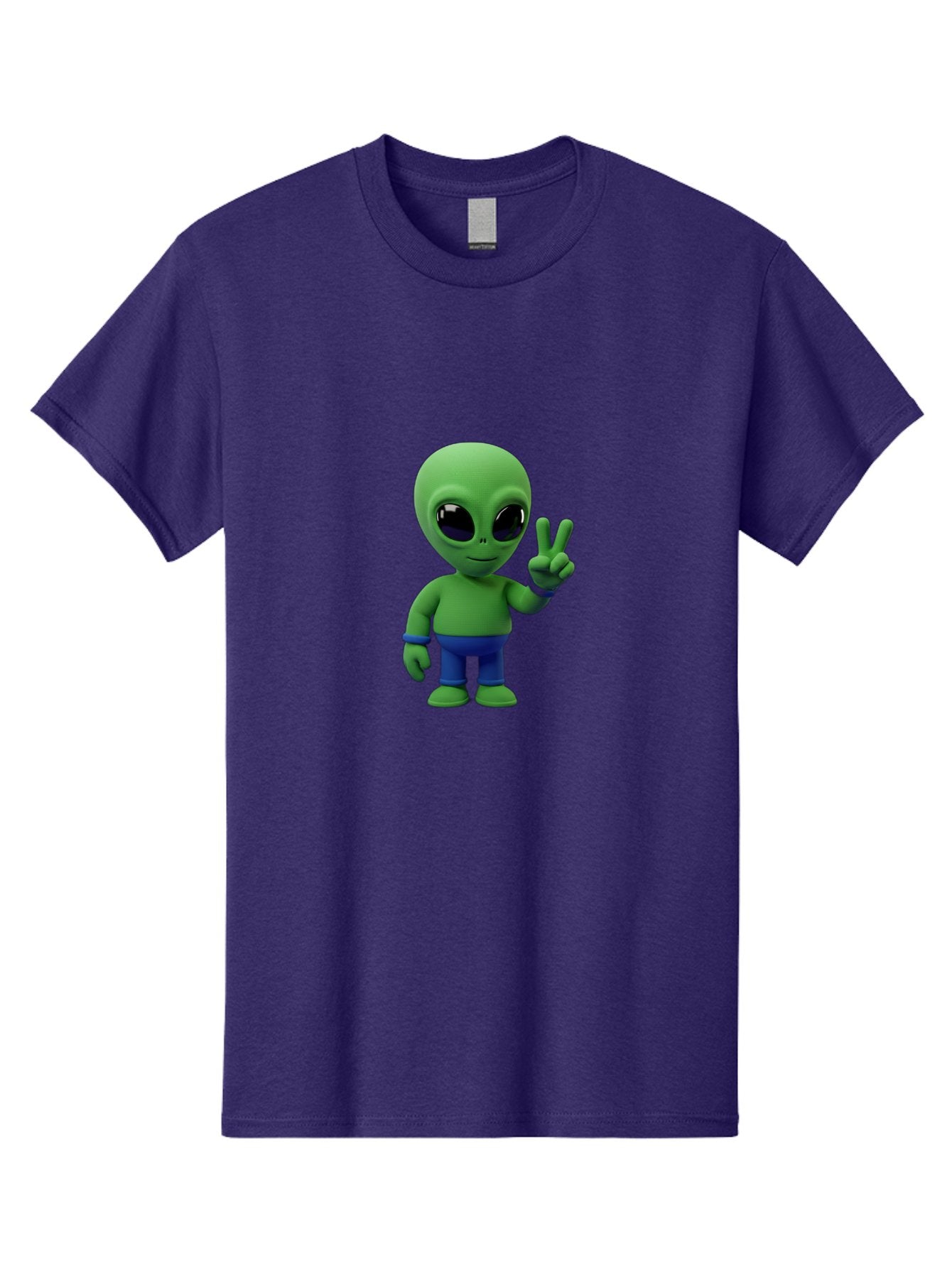 Alien-Peace-Sign-3 Men'S Graphic Tee, 100% Cotton, Comfortable Casual Summer Wear, Machine Washable, Cartoon Alien, Peace Sign, Blue Pants, Blue Bracelet, Friendly Gesture, 3D Character, Space Creature, Fun Design, Playful Pose, Kawaii Style Bab632 10