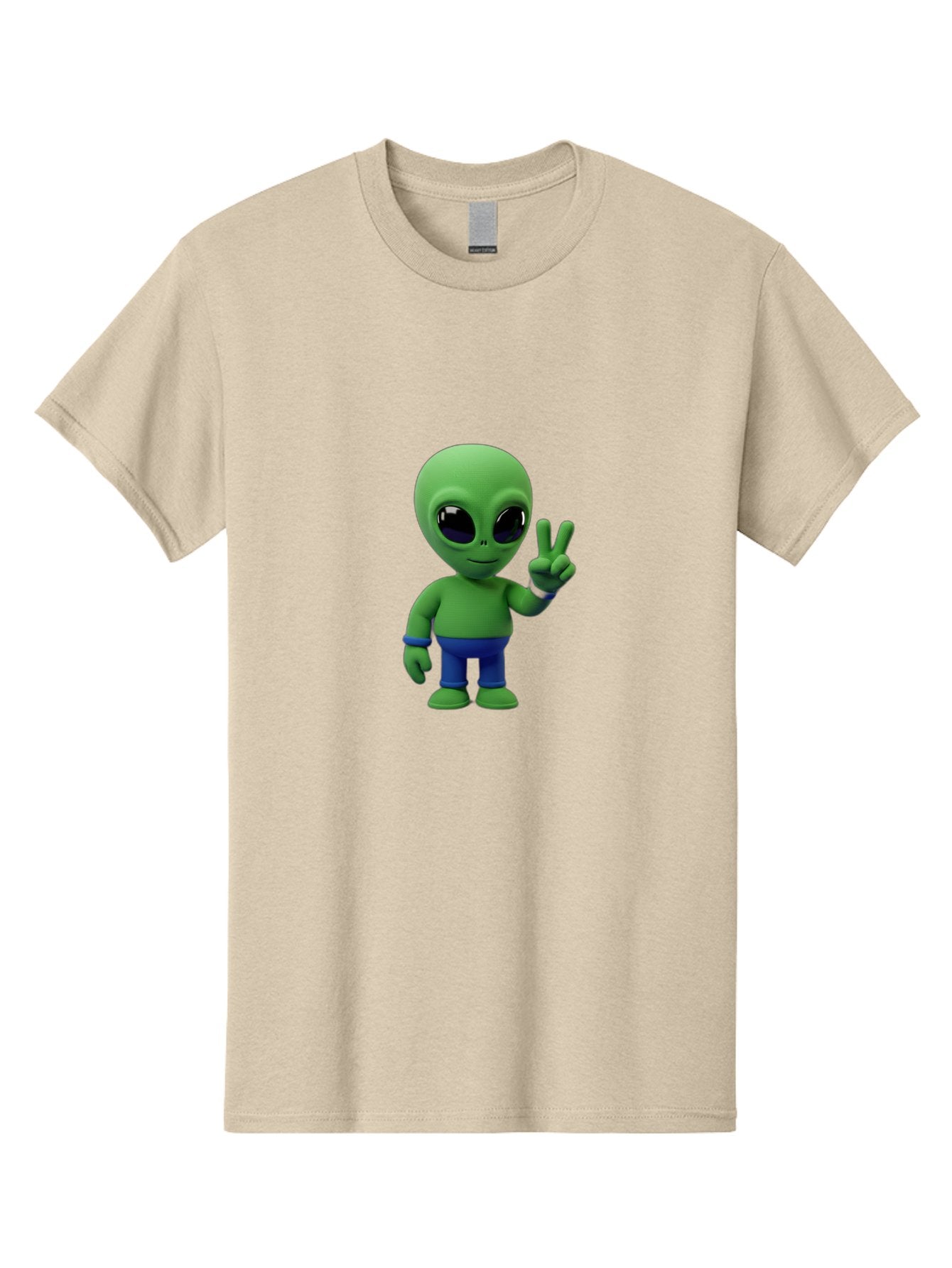 Alien-Peace-Sign-3 Men'S Graphic Tee, 100% Cotton, Comfortable Casual Summer Wear, Machine Washable, Cartoon Alien, Peace Sign, Blue Pants, Blue Bracelet, Friendly Gesture, 3D Character, Space Creature, Fun Design, Playful Pose, Kawaii Style Bab632 5