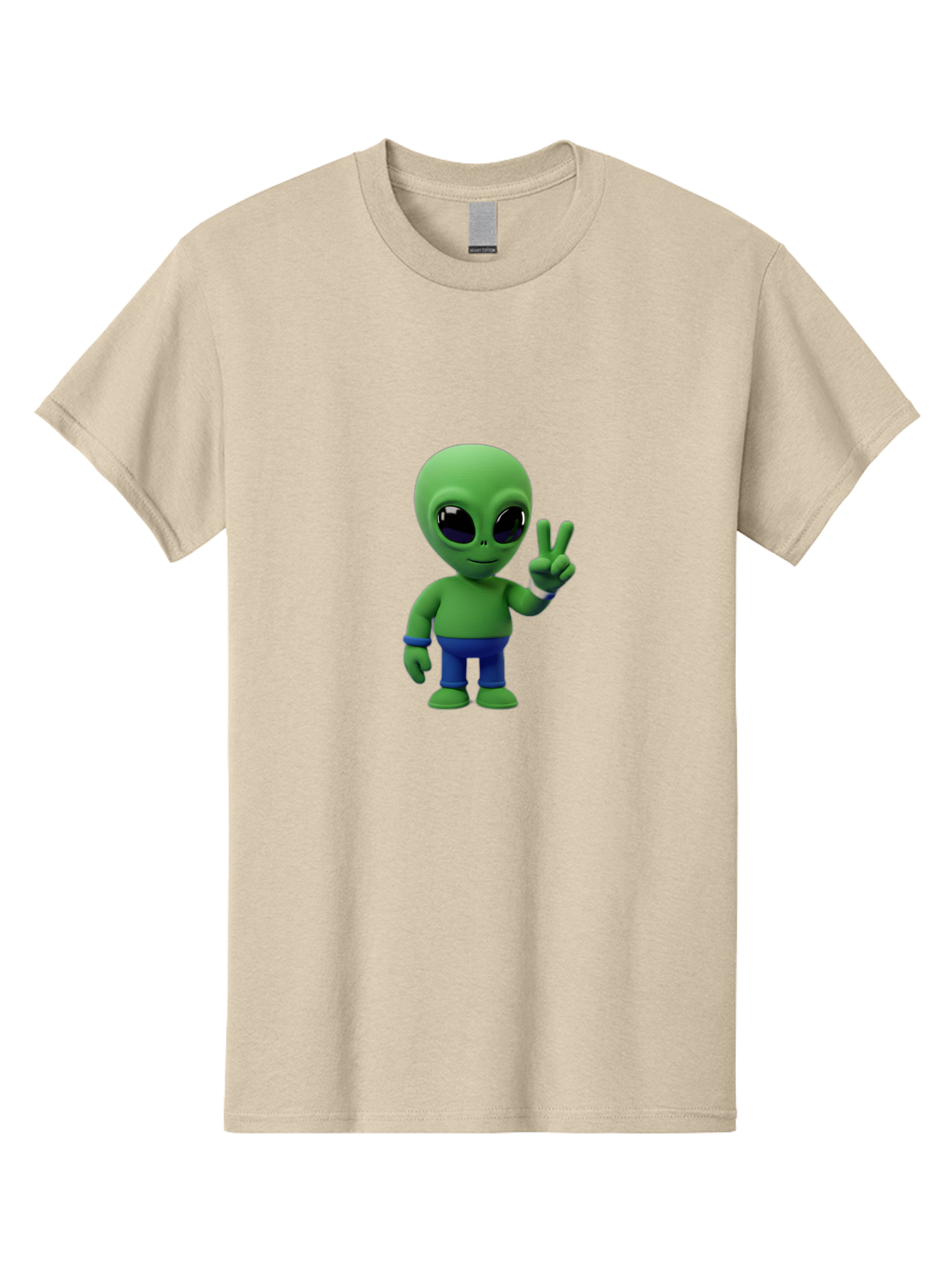 Alien-Peace-Sign-3 Men'S Graphic Tee, 100% Cotton, Comfortable Casual Summer Wear, Machine Washable, Cartoon Alien, Peace Sign, Blue Pants, Blue Bracelet, Friendly Gesture, 3D Character, Space Creature, Fun Design, Playful Pose, Kawaii Style Bab632 8