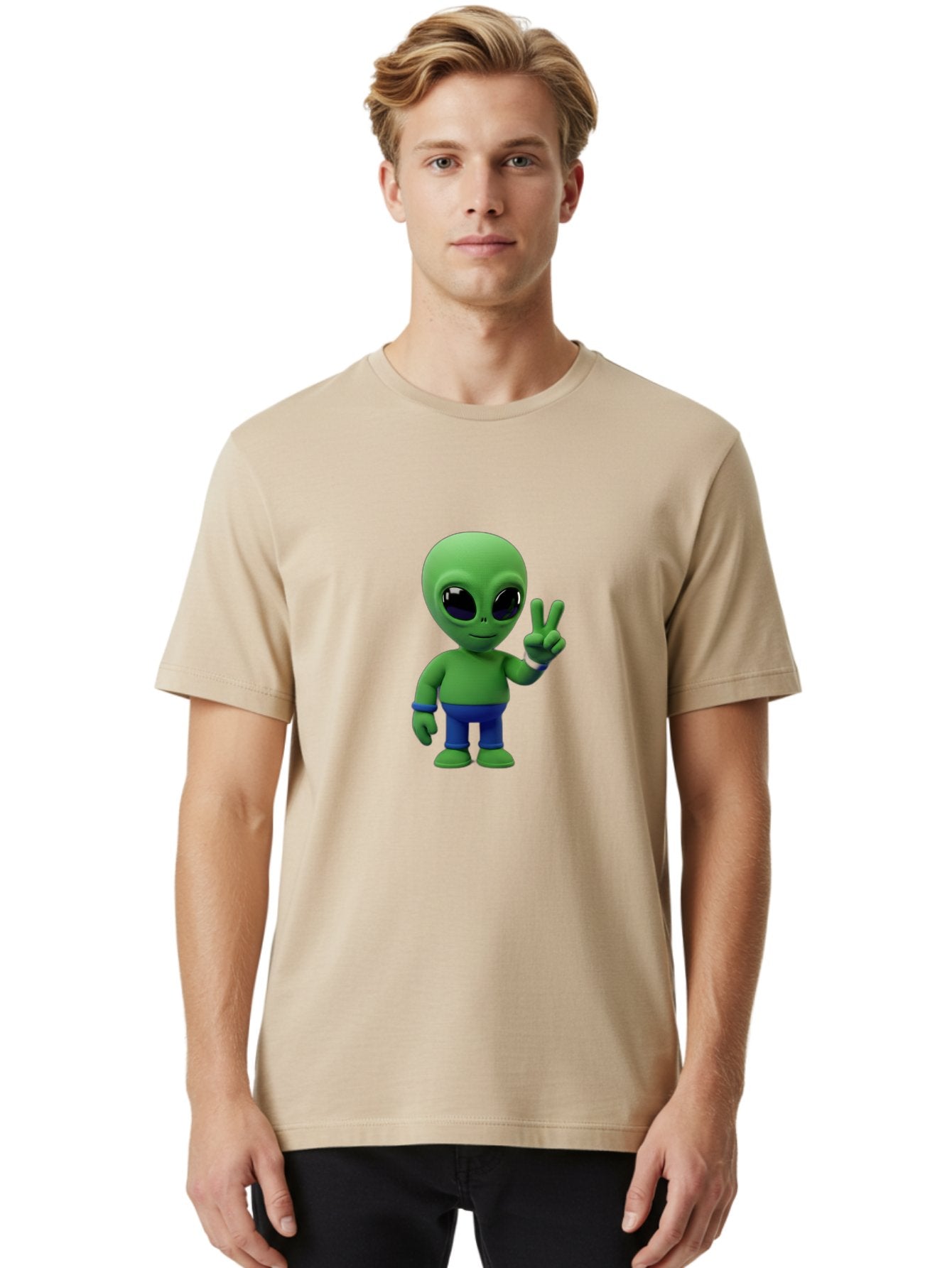Alien-Peace-Sign-3 Men'S Graphic Tee, 100% Cotton, Comfortable Casual Summer Wear, Machine Washable, Cartoon Alien, Peace Sign, Blue Pants, Blue Bracelet, Friendly Gesture, 3D Character, Space Creature, Fun Design, Playful Pose, Kawaii Style Bab632 23