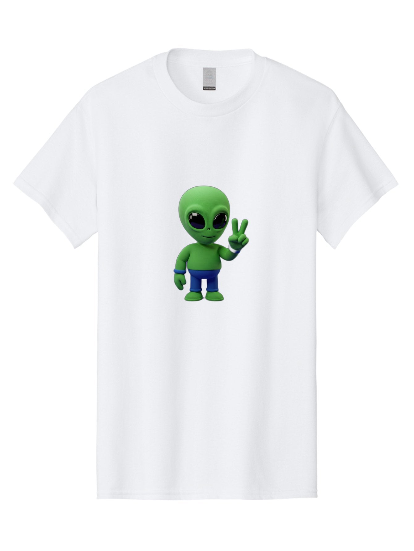 Alien-Peace-Sign-3 Men'S Graphic Tee, 100% Cotton, Comfortable Casual Summer Wear, Machine Washable, Cartoon Alien, Peace Sign, Blue Pants, Blue Bracelet, Friendly Gesture, 3D Character, Space Creature, Fun Design, Playful Pose, Kawaii Style Bab632 12