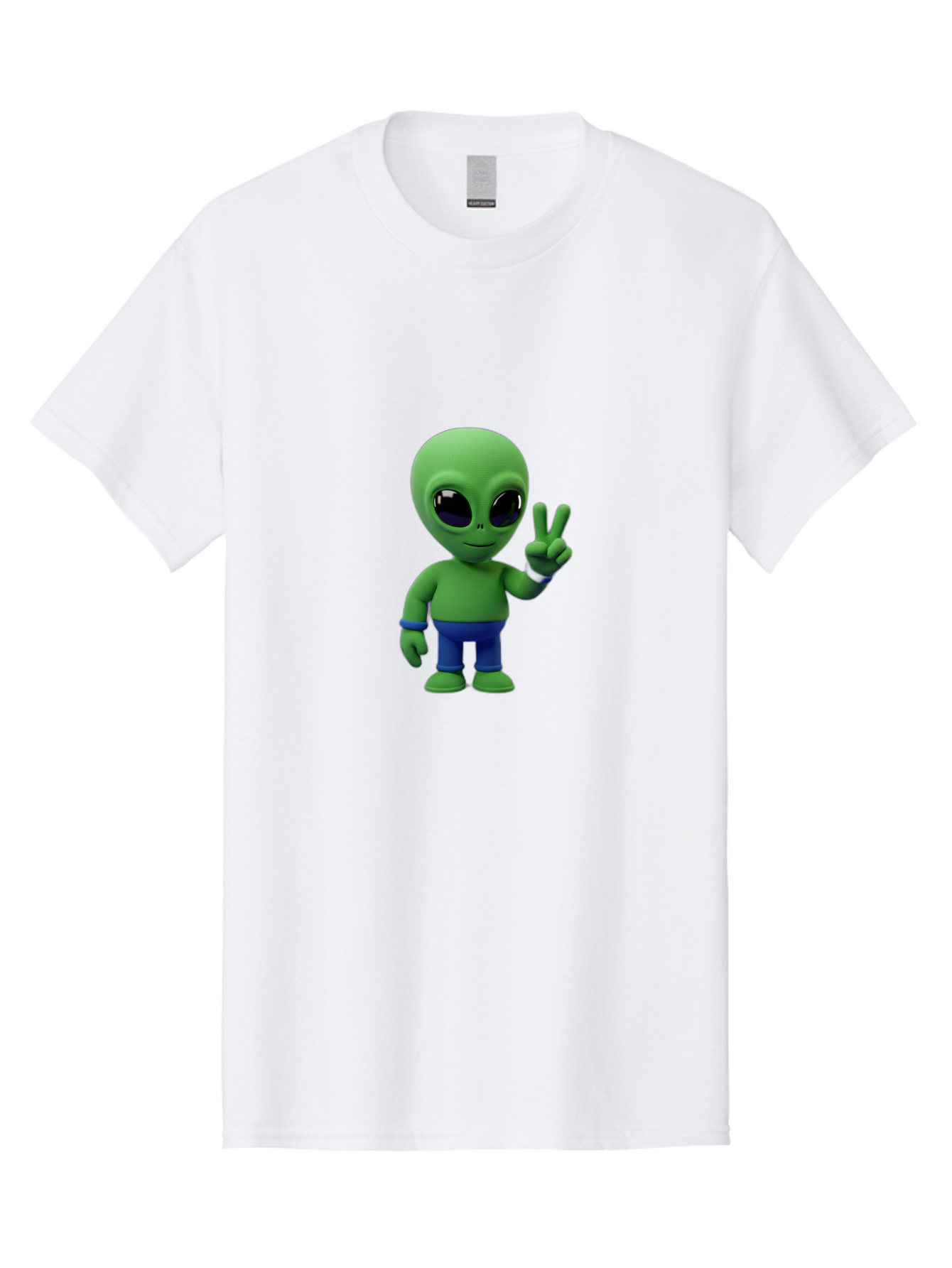 Alien-Peace-Sign-3 Men'S Graphic Tee, 100% Cotton, Comfortable Casual Summer Wear, Machine Washable, Cartoon Alien, Peace Sign, Blue Pants, Blue Bracelet, Friendly Gesture, 3D Character, Space Creature, Fun Design, Playful Pose, Kawaii Style Bab632 3