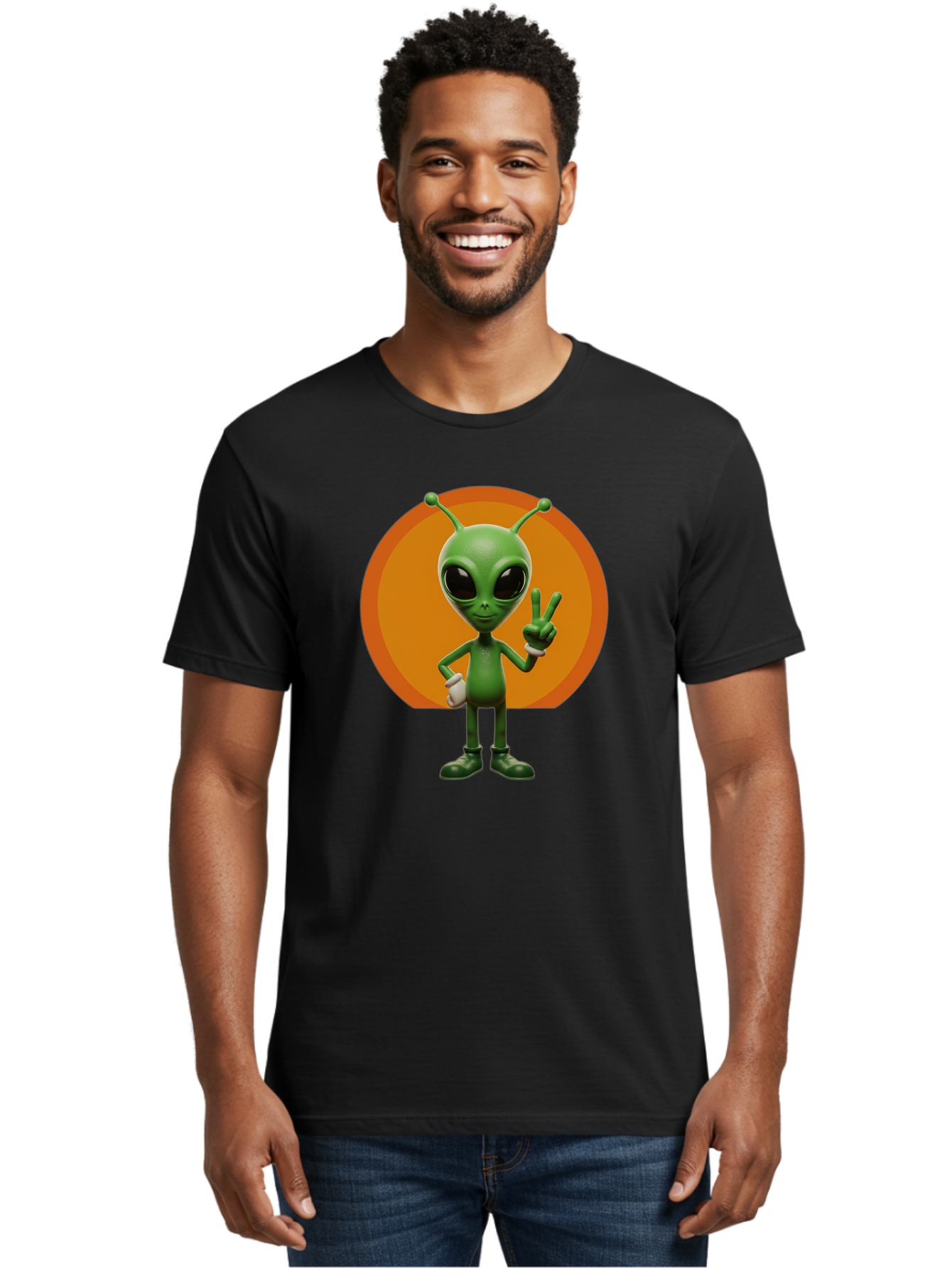 Alien-Peace-Sign Men'S Graphic Tee, 100% Cotton, Comfortable Casual Summer Wear, Machine Washable, Alien Character, Peace Sign, Green Alien, Cartoon Style, Friendly Gesture, Large Eyes, Antennae, Fun Illustration, Cosmic Being Bab633 28