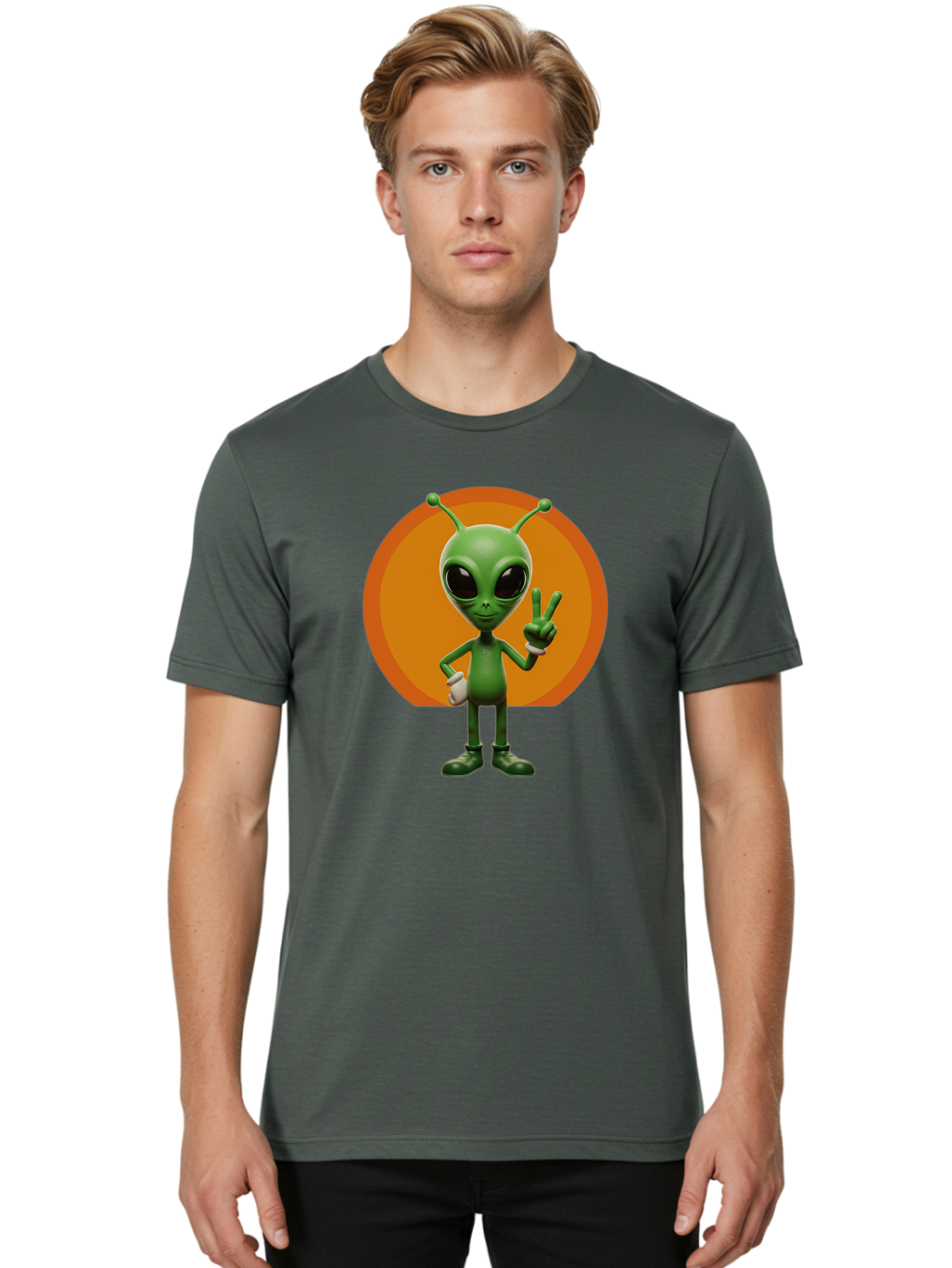 Alien-Peace-Sign Men'S Graphic Tee, 100% Cotton, Comfortable Casual Summer Wear, Machine Washable, Alien Character, Peace Sign, Green Alien, Cartoon Style, Friendly Gesture, Large Eyes, Antennae, Fun Illustration, Cosmic Being Bab633 30