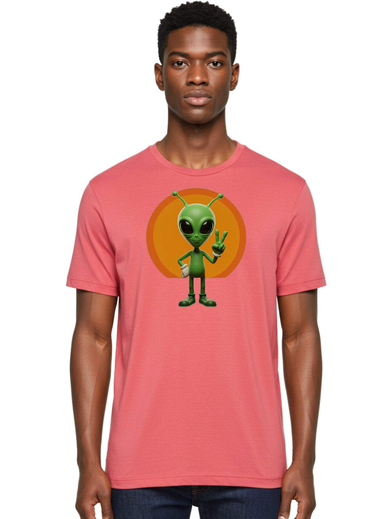 Alien-Peace-Sign Men'S Graphic Tee, 100% Cotton, Comfortable Casual Summer Wear, Machine Washable, Alien Character, Peace Sign, Green Alien, Cartoon Style, Friendly Gesture, Large Eyes, Antennae, Fun Illustration, Cosmic Being Bab633 28