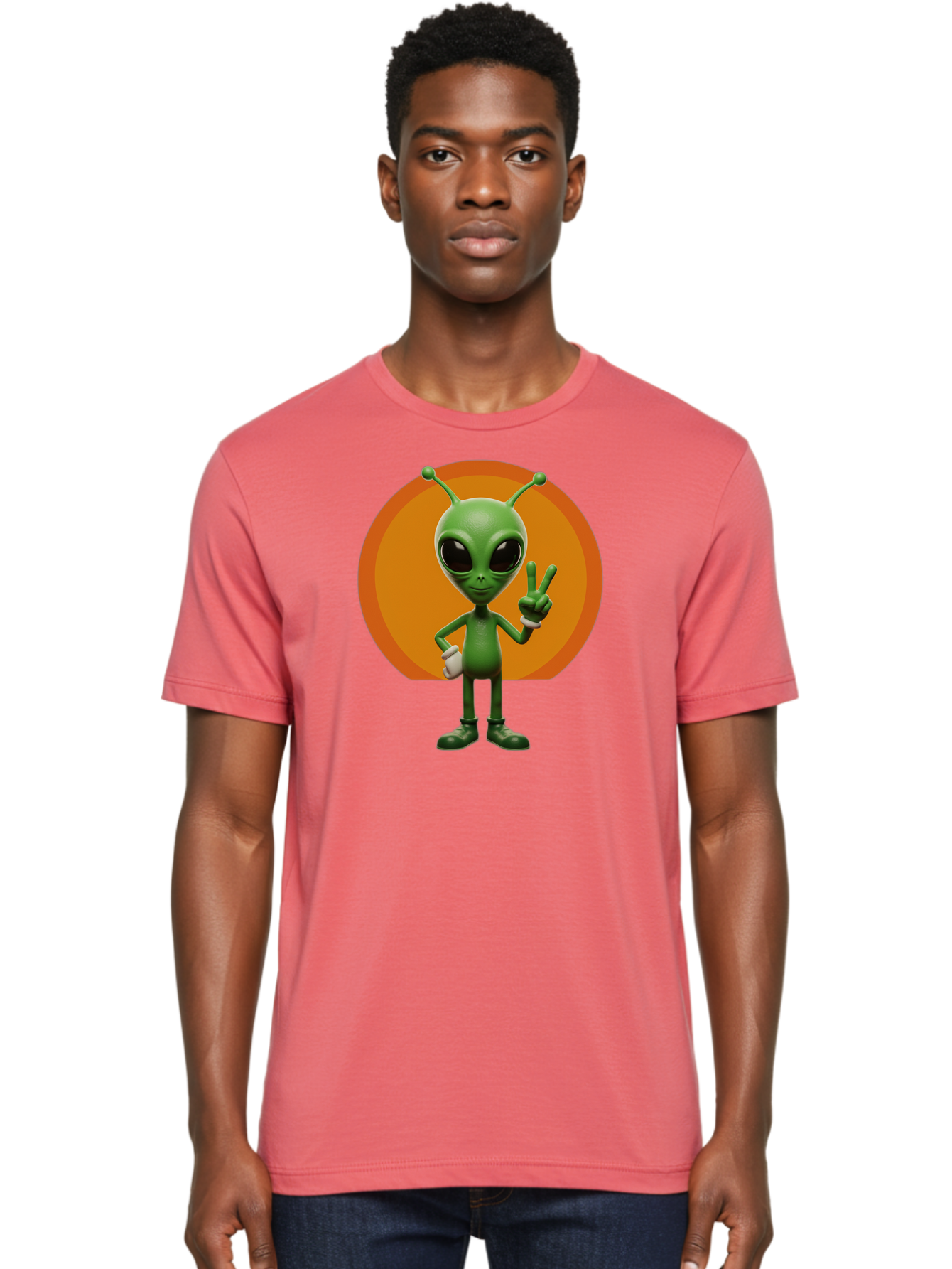 Alien-Peace-Sign Men'S Graphic Tee, 100% Cotton, Comfortable Casual Summer Wear, Machine Washable, Alien Character, Peace Sign, Green Alien, Cartoon Style, Friendly Gesture, Large Eyes, Antennae, Fun Illustration, Cosmic Being Bab633 18