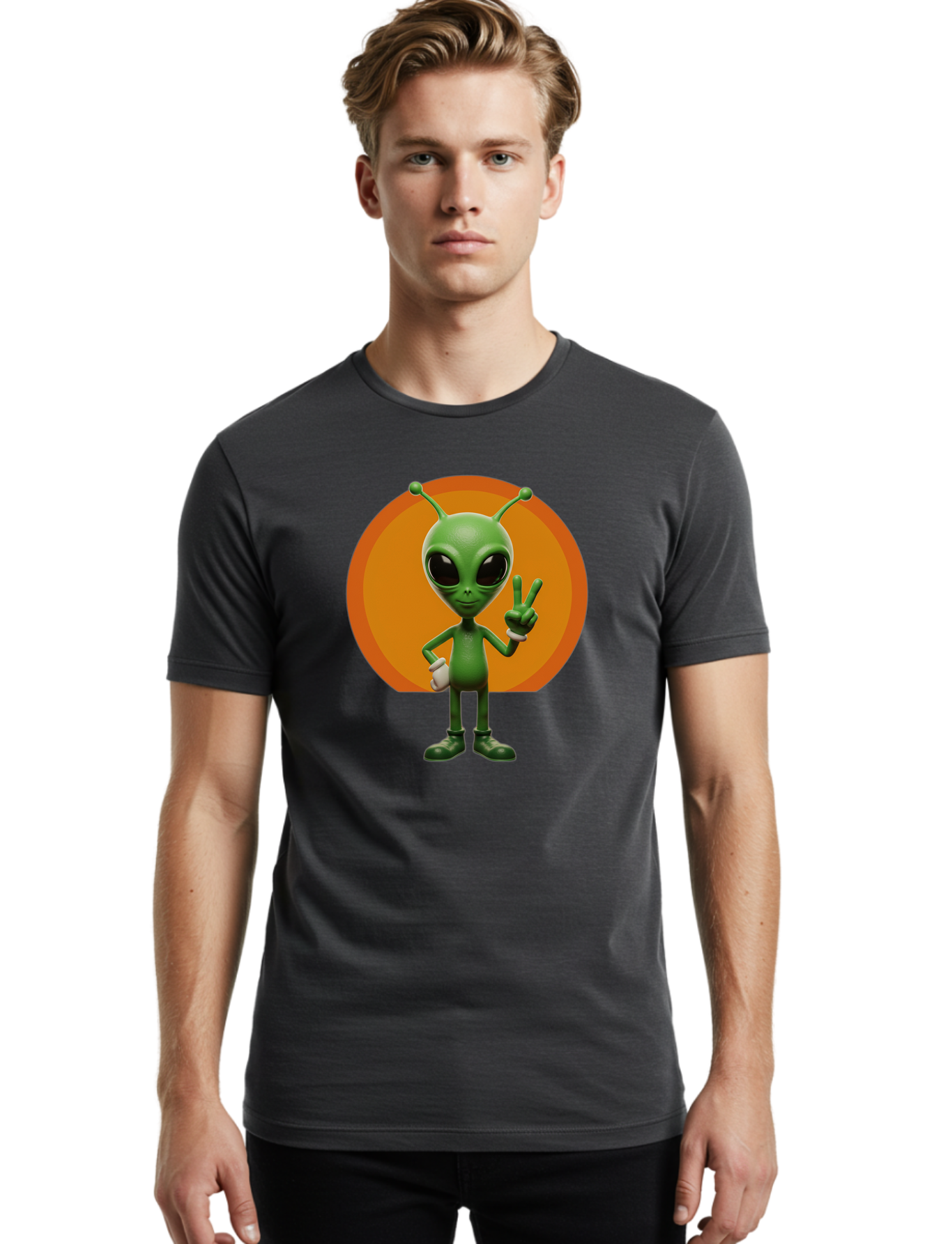 Alien-Peace-Sign Men'S Graphic Tee, 100% Cotton, Comfortable Casual Summer Wear, Machine Washable, Alien Character, Peace Sign, Green Alien, Cartoon Style, Friendly Gesture, Large Eyes, Antennae, Fun Illustration, Cosmic Being Bab633 22