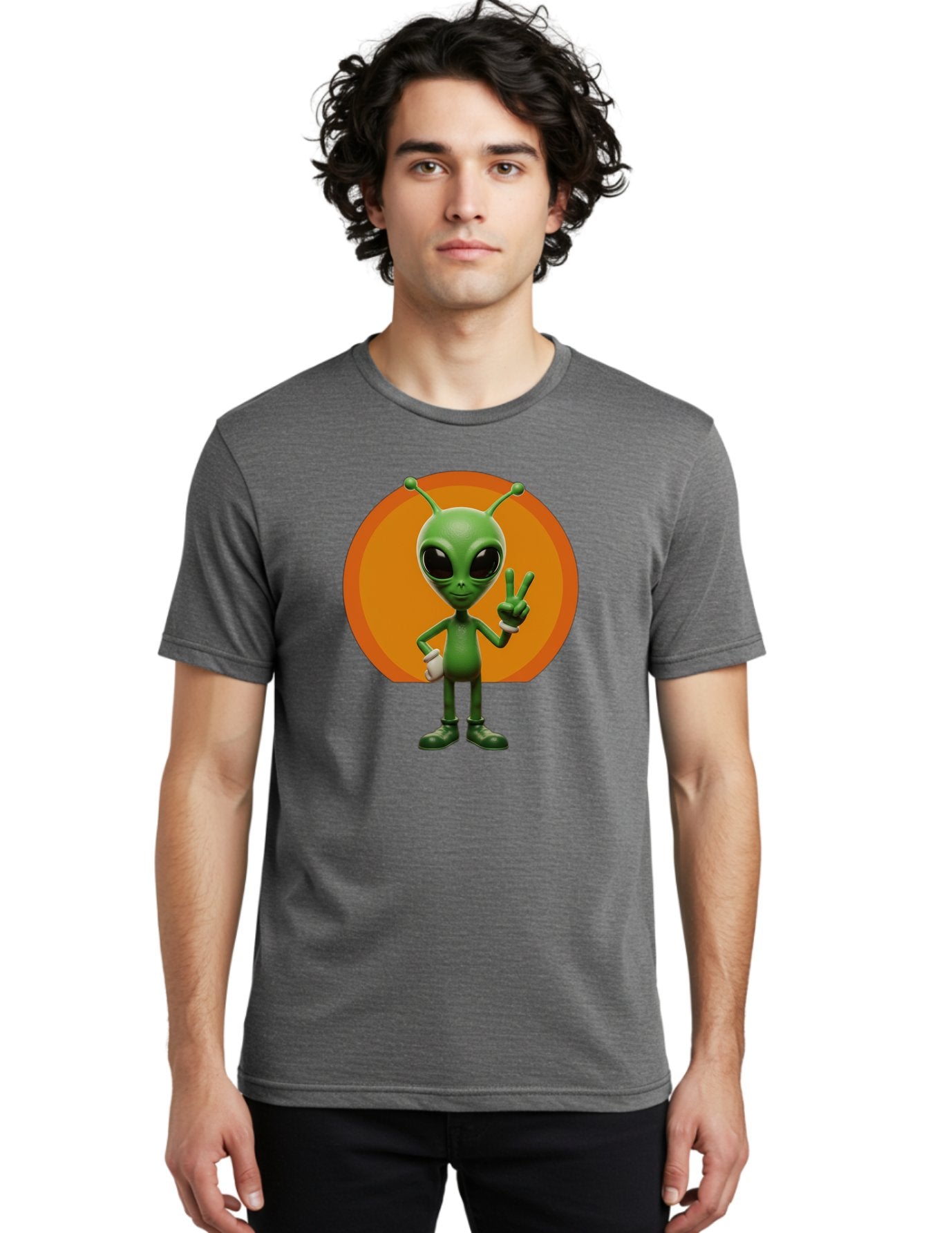 Alien-Peace-Sign Men'S Graphic Tee, 100% Cotton, Comfortable Casual Summer Wear, Machine Washable, Alien Character, Peace Sign, Green Alien, Cartoon Style, Friendly Gesture, Large Eyes, Antennae, Fun Illustration, Cosmic Being Bab633 19