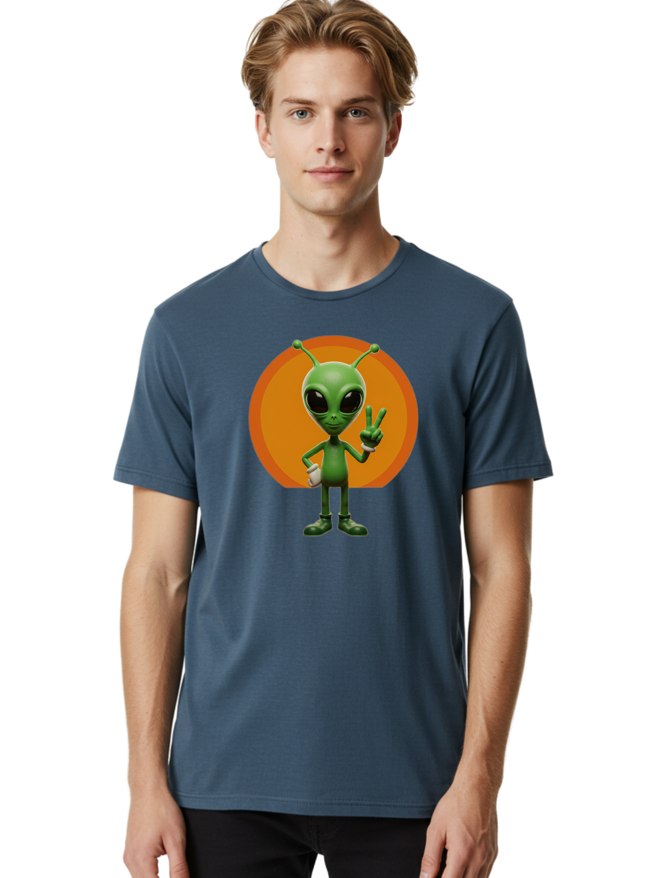 Alien-Peace-Sign Men'S Graphic Tee, 100% Cotton, Comfortable Casual Summer Wear, Machine Washable, Alien Character, Peace Sign, Green Alien, Cartoon Style, Friendly Gesture, Large Eyes, Antennae, Fun Illustration, Cosmic Being Bab633 21