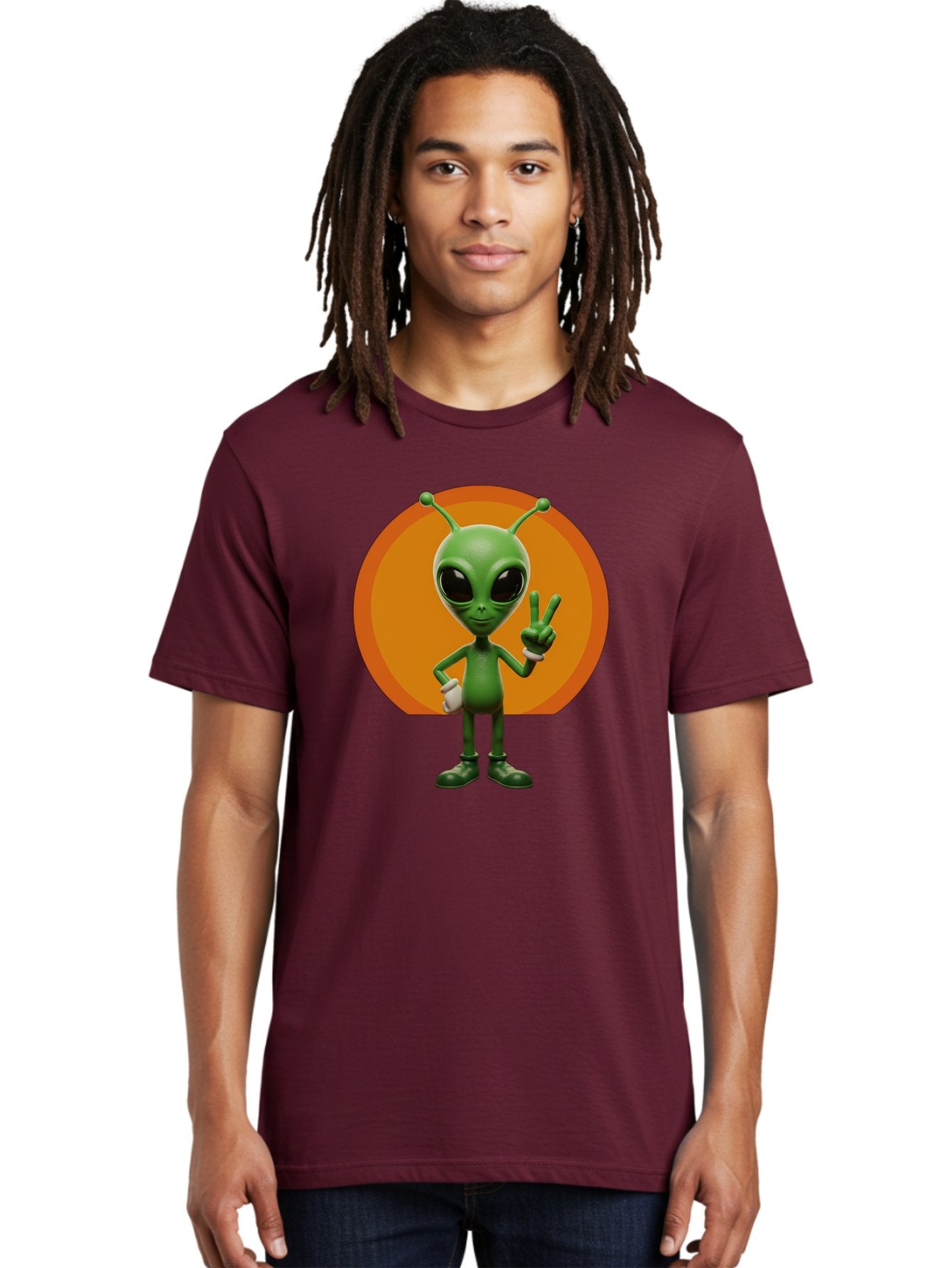 Alien-Peace-Sign Men'S Graphic Tee, 100% Cotton, Comfortable Casual Summer Wear, Machine Washable, Alien Character, Peace Sign, Green Alien, Cartoon Style, Friendly Gesture, Large Eyes, Antennae, Fun Illustration, Cosmic Being Bab633 21