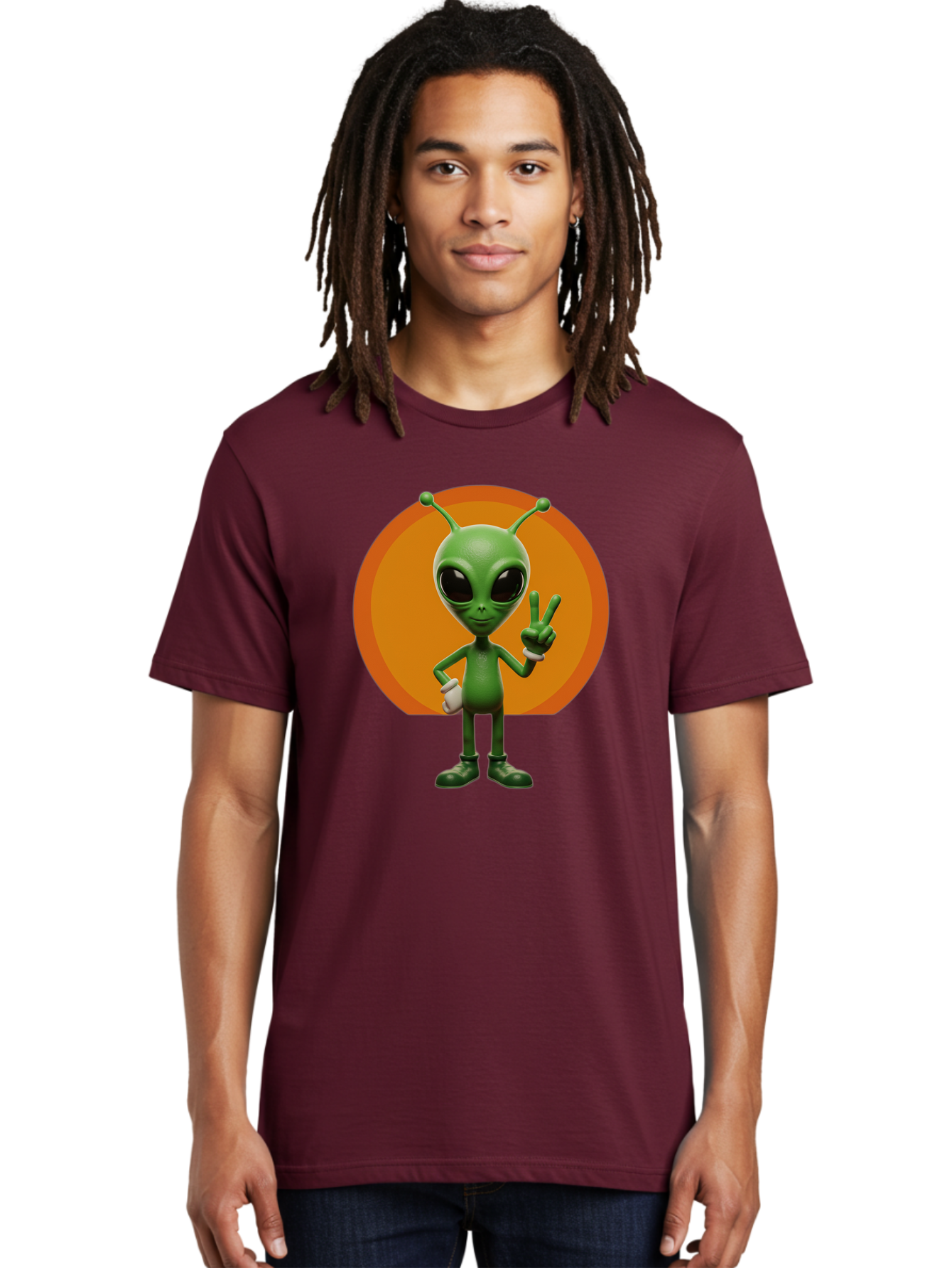 Alien-Peace-Sign Men'S Graphic Tee, 100% Cotton, Comfortable Casual Summer Wear, Machine Washable, Alien Character, Peace Sign, Green Alien, Cartoon Style, Friendly Gesture, Large Eyes, Antennae, Fun Illustration, Cosmic Being Bab633 25