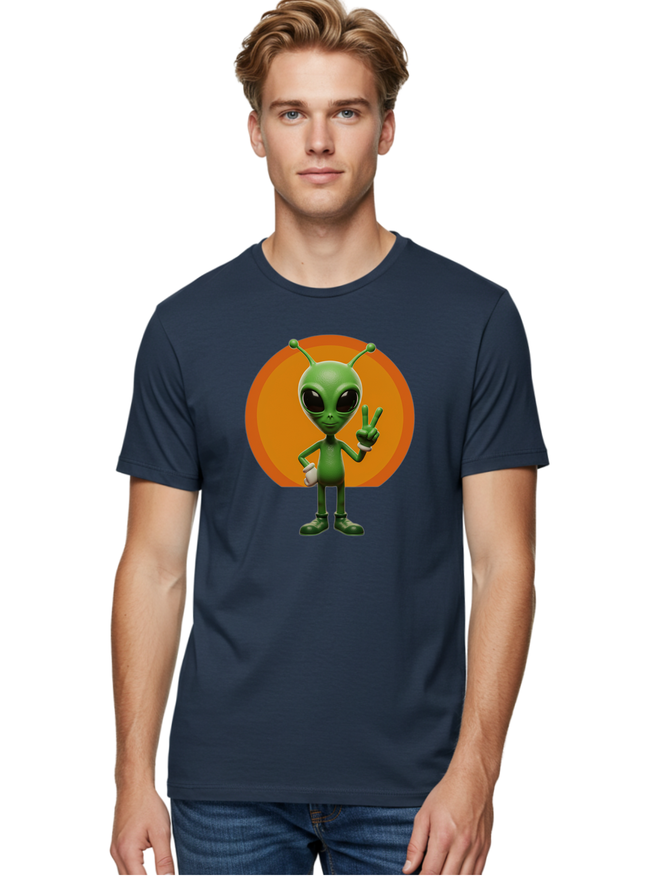 Alien-Peace-Sign Men'S Graphic Tee, 100% Cotton, Comfortable Casual Summer Wear, Machine Washable, Alien Character, Peace Sign, Green Alien, Cartoon Style, Friendly Gesture, Large Eyes, Antennae, Fun Illustration, Cosmic Being Bab633 20