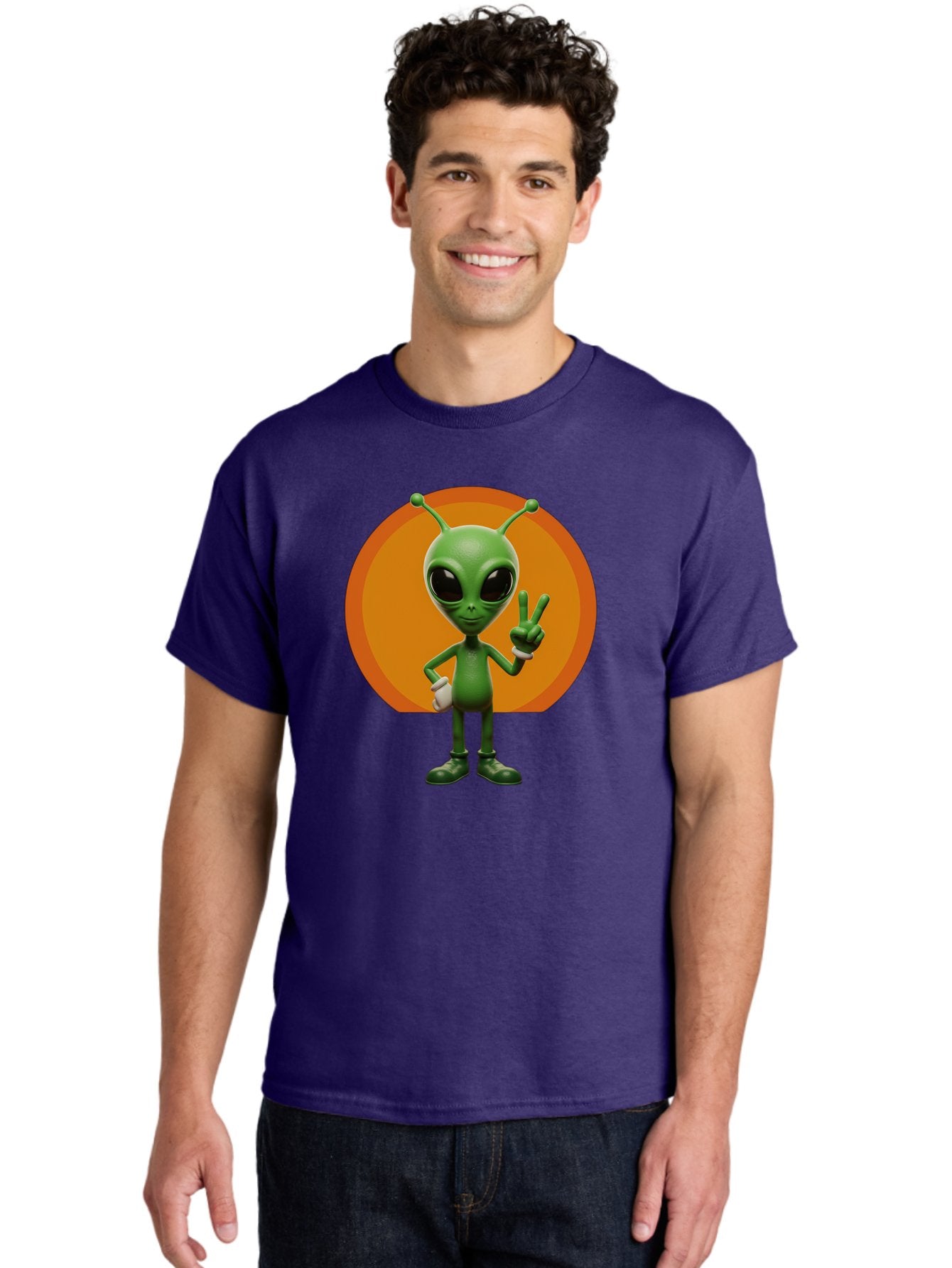 Alien-Peace-Sign Men'S Graphic Tee, 100% Cotton, Comfortable Casual Summer Wear, Machine Washable, Alien Character, Peace Sign, Green Alien, Cartoon Style, Friendly Gesture, Large Eyes, Antennae, Fun Illustration, Cosmic Being Bab633 22