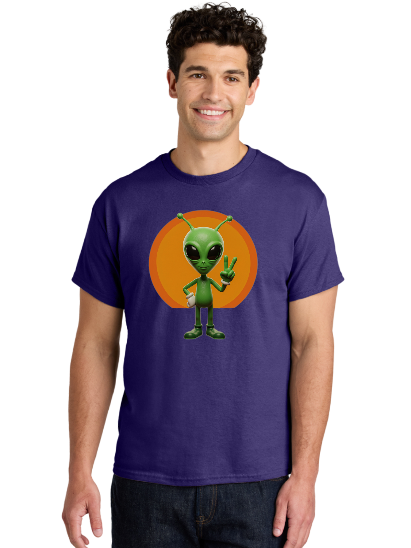 Alien-Peace-Sign Men'S Graphic Tee, 100% Cotton, Comfortable Casual Summer Wear, Machine Washable, Alien Character, Peace Sign, Green Alien, Cartoon Style, Friendly Gesture, Large Eyes, Antennae, Fun Illustration, Cosmic Being Bab633 24