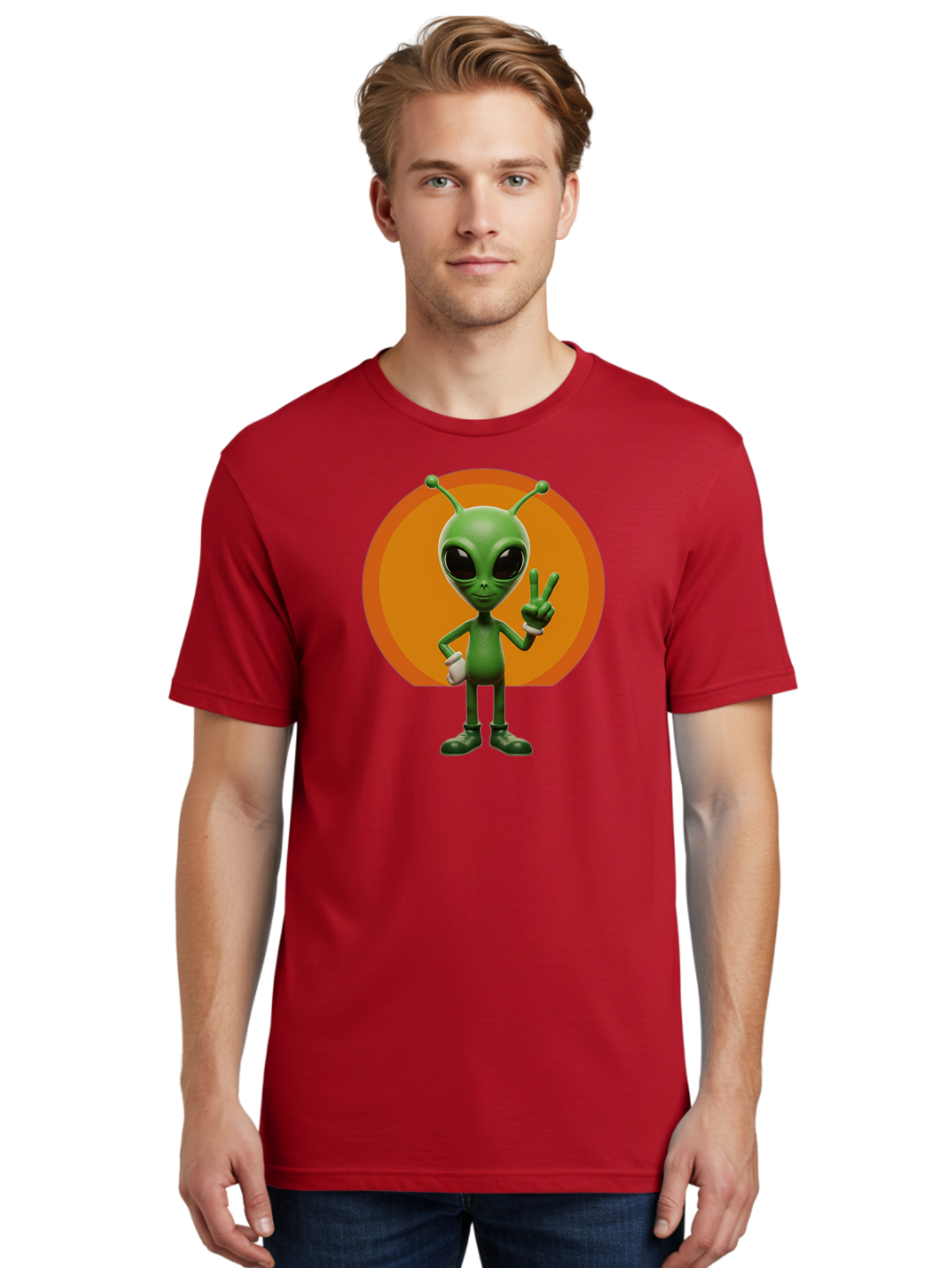 Alien-Peace-Sign Men'S Graphic Tee, 100% Cotton, Comfortable Casual Summer Wear, Machine Washable, Alien Character, Peace Sign, Green Alien, Cartoon Style, Friendly Gesture, Large Eyes, Antennae, Fun Illustration, Cosmic Being Bab633 27