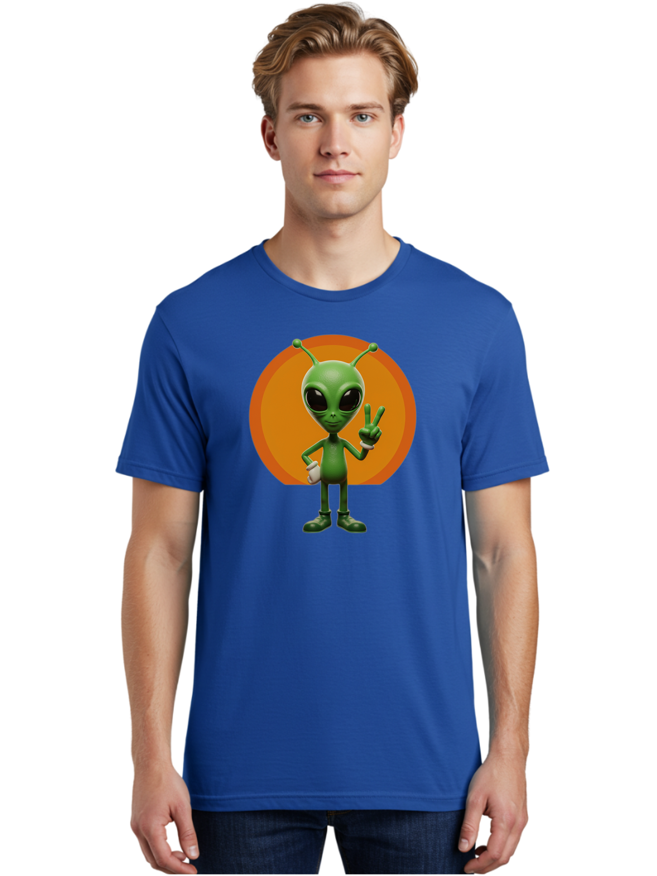 Alien-Peace-Sign Men'S Graphic Tee, 100% Cotton, Comfortable Casual Summer Wear, Machine Washable, Alien Character, Peace Sign, Green Alien, Cartoon Style, Friendly Gesture, Large Eyes, Antennae, Fun Illustration, Cosmic Being Bab633 23