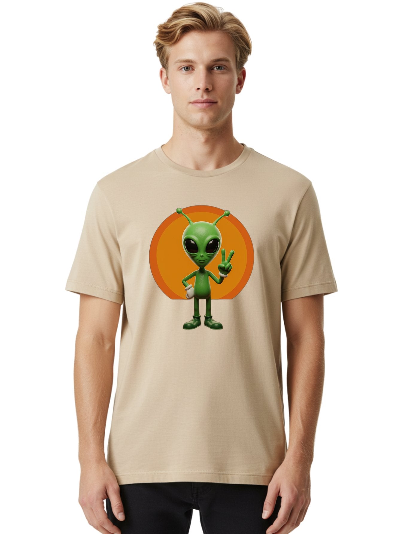 Alien-Peace-Sign Men'S Graphic Tee, 100% Cotton, Comfortable Casual Summer Wear, Machine Washable, Alien Character, Peace Sign, Green Alien, Cartoon Style, Friendly Gesture, Large Eyes, Antennae, Fun Illustration, Cosmic Being Bab633 29