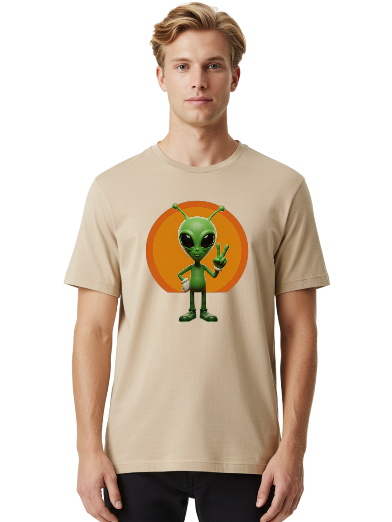 Alien-Peace-Sign Men'S Graphic Tee, 100% Cotton, Comfortable Casual Summer Wear, Machine Washable, Alien Character, Peace Sign, Green Alien, Cartoon Style, Friendly Gesture, Large Eyes, Antennae, Fun Illustration, Cosmic Being Bab633 17