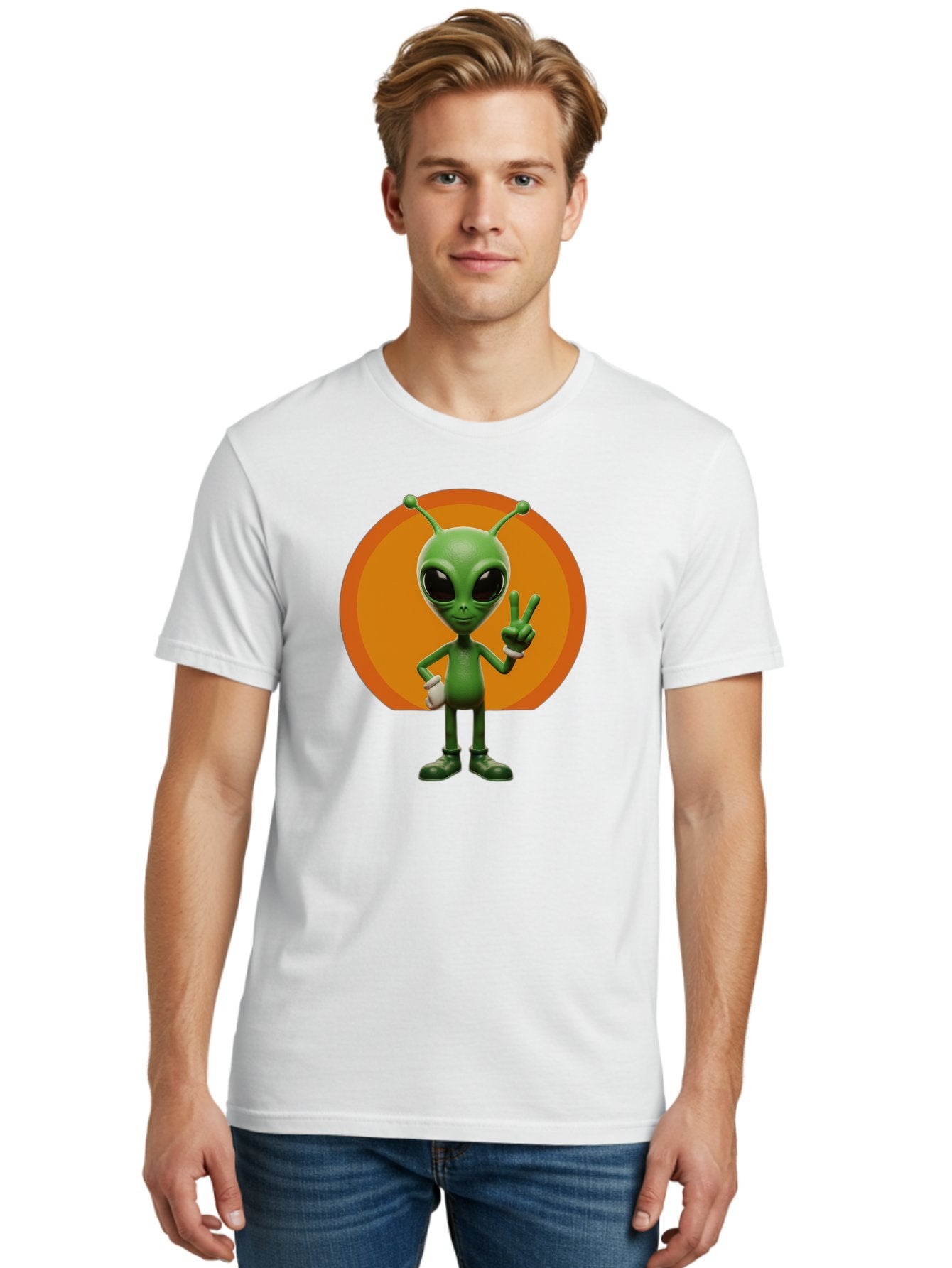 Alien-Peace-Sign Men'S Graphic Tee, 100% Cotton, Comfortable Casual Summer Wear, Machine Washable, Alien Character, Peace Sign, Green Alien, Cartoon Style, Friendly Gesture, Large Eyes, Antennae, Fun Illustration, Cosmic Being Bab633 27