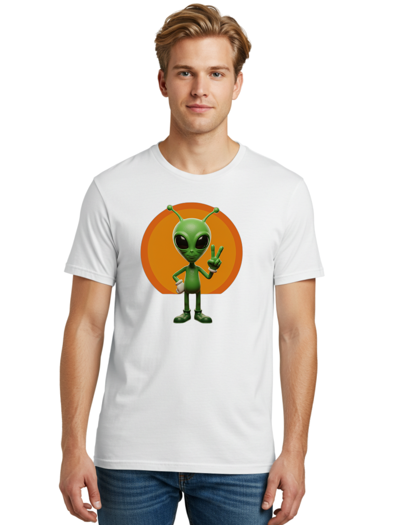Alien-Peace-Sign Men'S Graphic Tee, 100% Cotton, Comfortable Casual Summer Wear, Machine Washable, Alien Character, Peace Sign, Green Alien, Cartoon Style, Friendly Gesture, Large Eyes, Antennae, Fun Illustration, Cosmic Being Bab633 19