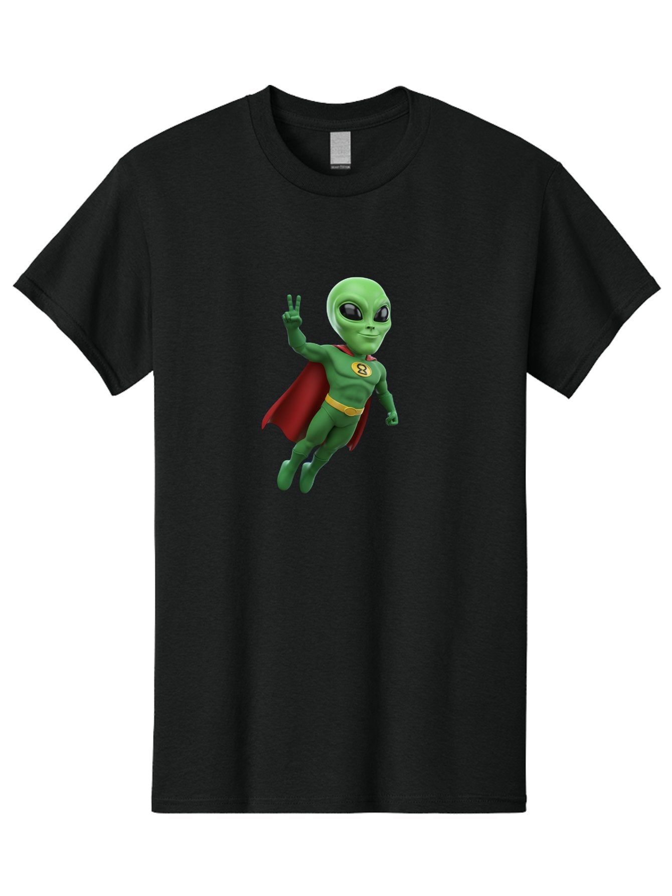 Alien-Superhero Men'S Graphic Tee, 100% Cotton, Comfortable Casual Summer Wear, Machine Washable, Cartoon Alien, Superhero Costume, Red Cape, Yellow Belt, Peace Sign, Green Alien, Superhero Emblem, Cartoon Character, 3D Illustration, Bab634 7