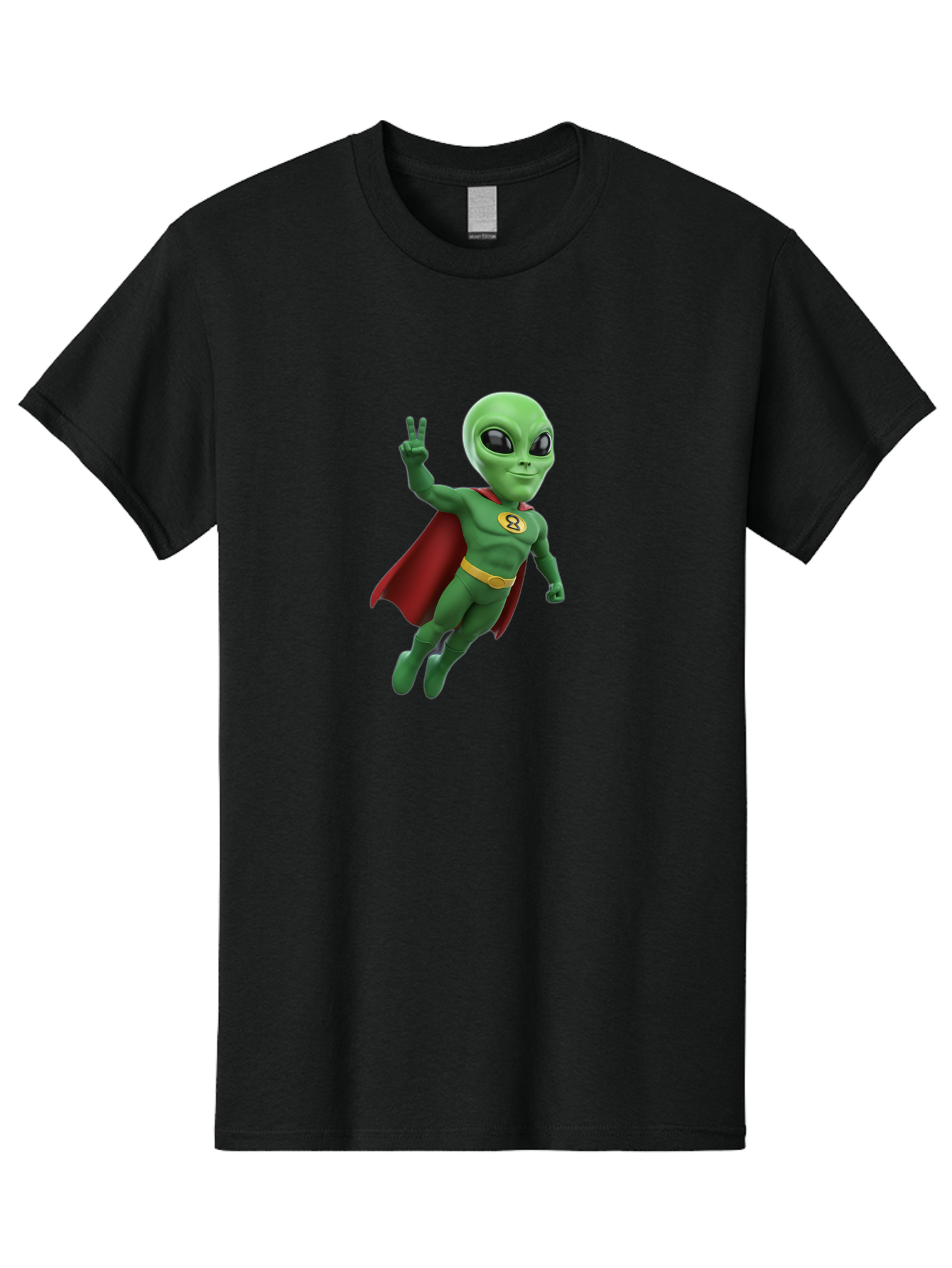 Alien-Superhero Men'S Graphic Tee, 100% Cotton, Comfortable Casual Summer Wear, Machine Washable, Cartoon Alien, Superhero Costume, Red Cape, Yellow Belt, Peace Sign, Green Alien, Superhero Emblem, Cartoon Character, 3D Illustration, Bab634 13