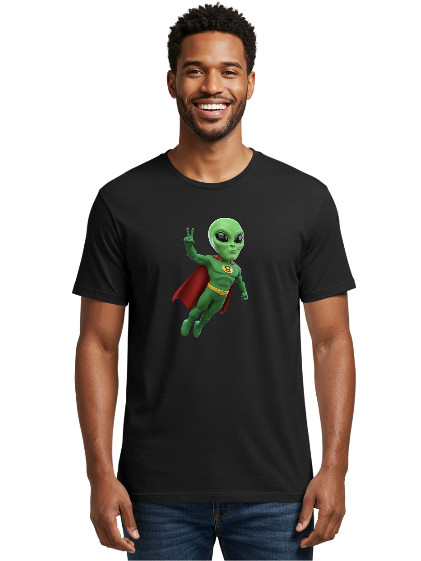 Alien-Superhero Men'S Graphic Tee, 100% Cotton, Comfortable Casual Summer Wear, Machine Washable, Cartoon Alien, Superhero Costume, Red Cape, Yellow Belt, Peace Sign, Green Alien, Superhero Emblem, Cartoon Character, 3D Illustration, Bab634 16
