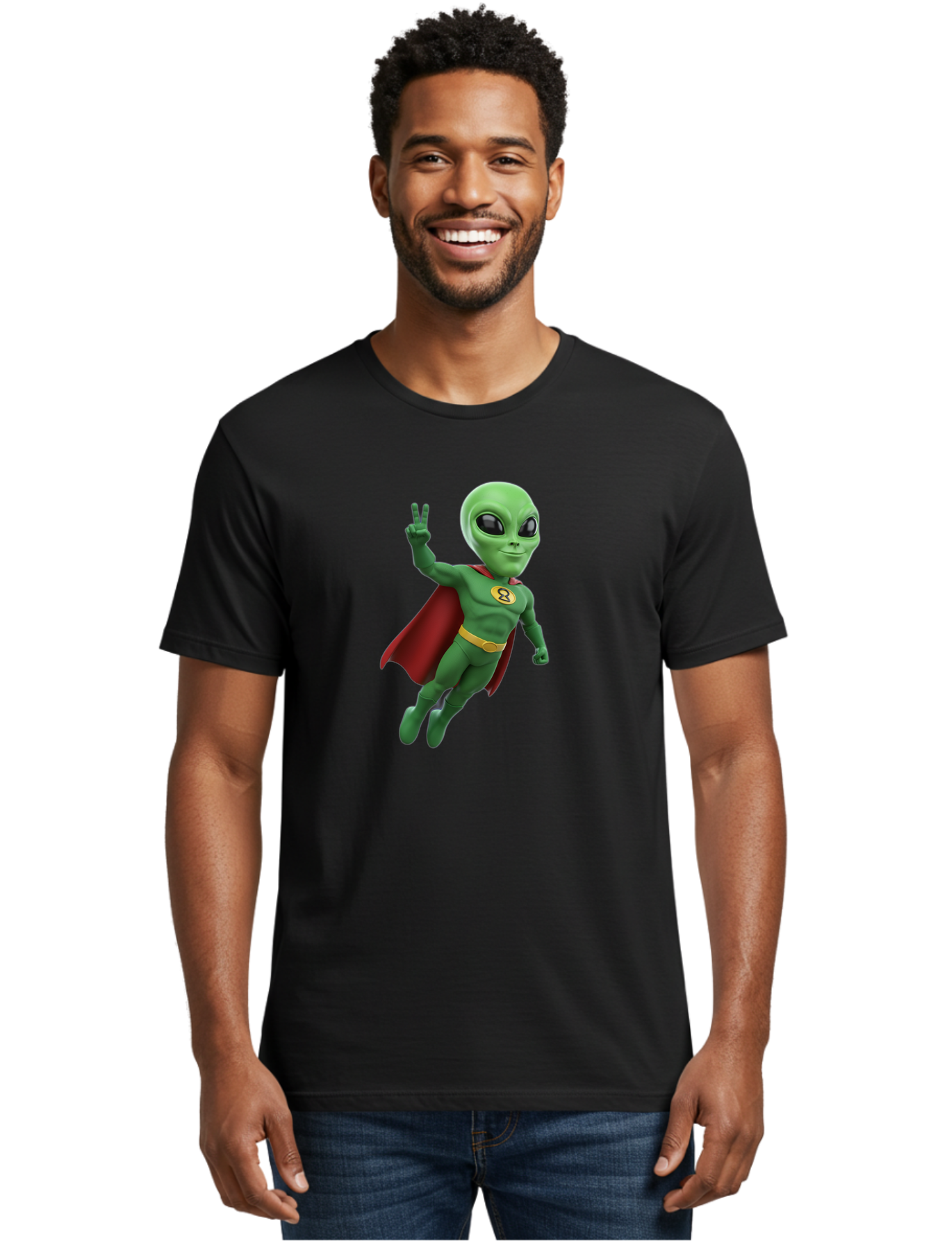 Alien-Superhero Men'S Graphic Tee, 100% Cotton, Comfortable Casual Summer Wear, Machine Washable, Cartoon Alien, Superhero Costume, Red Cape, Yellow Belt, Peace Sign, Green Alien, Superhero Emblem, Cartoon Character, 3D Illustration, Bab634 28