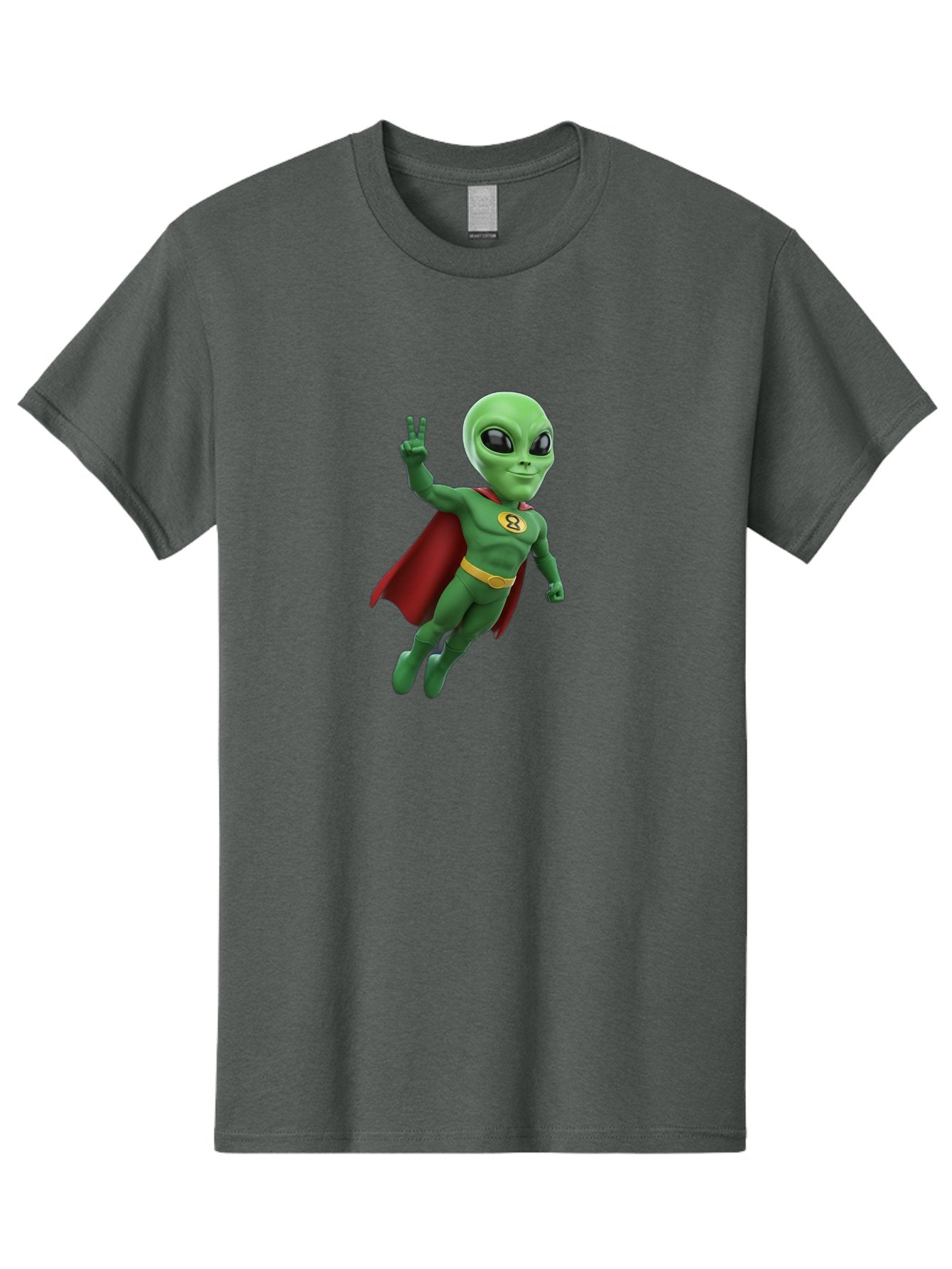 Alien-Superhero Men'S Graphic Tee, 100% Cotton, Comfortable Casual Summer Wear, Machine Washable, Cartoon Alien, Superhero Costume, Red Cape, Yellow Belt, Peace Sign, Green Alien, Superhero Emblem, Cartoon Character, 3D Illustration, Bab634