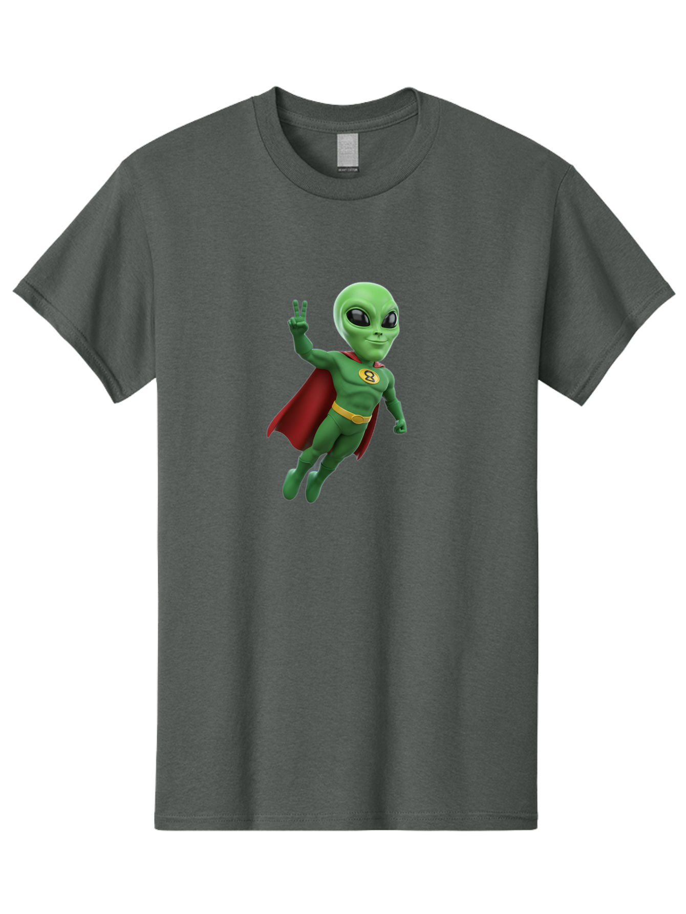 Alien-Superhero Men'S Graphic Tee, 100% Cotton, Comfortable Casual Summer Wear, Machine Washable, Cartoon Alien, Superhero Costume, Red Cape, Yellow Belt, Peace Sign, Green Alien, Superhero Emblem, Cartoon Character, 3D Illustration, Bab634 10