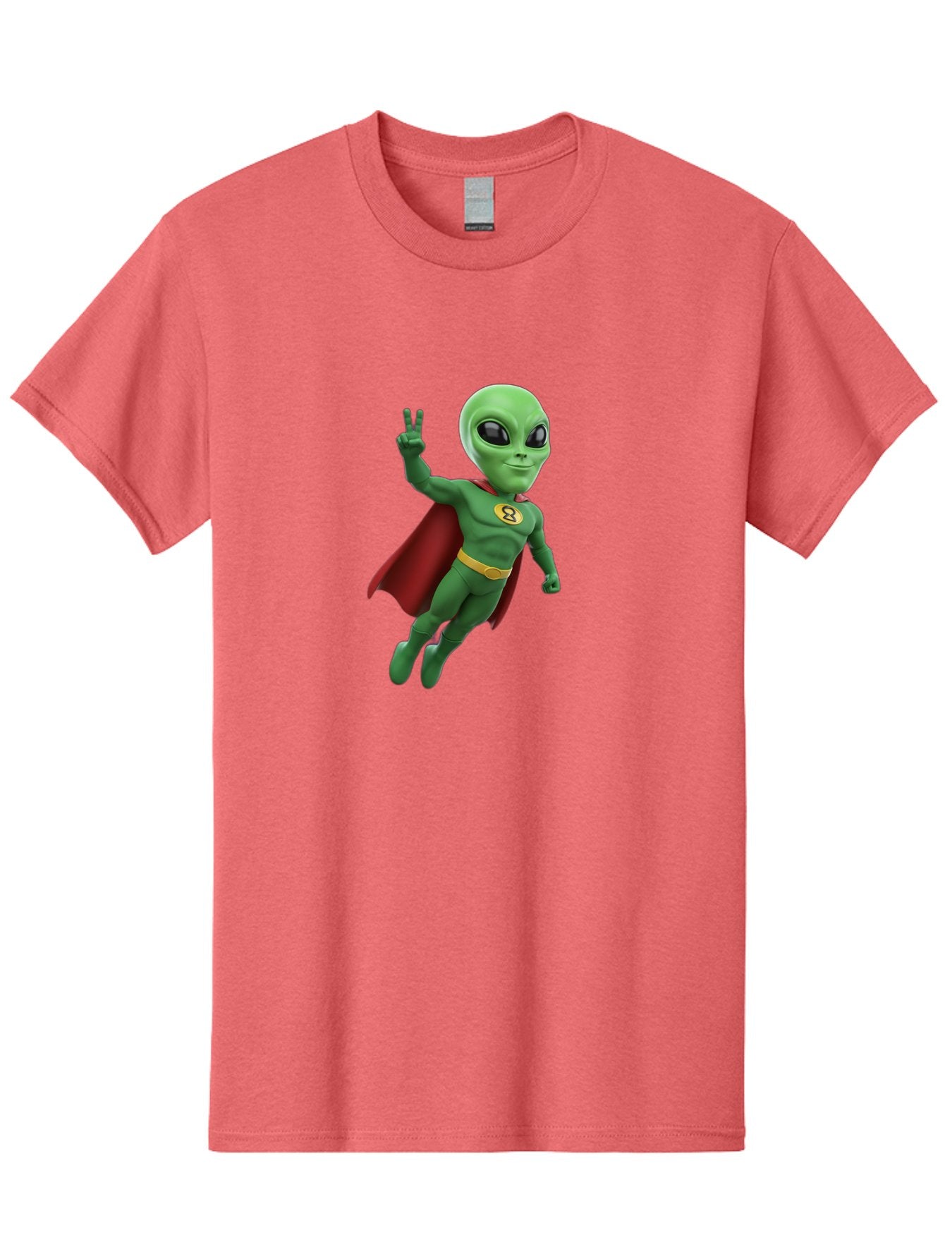 Alien-Superhero Men'S Graphic Tee, 100% Cotton, Comfortable Casual Summer Wear, Machine Washable, Cartoon Alien, Superhero Costume, Red Cape, Yellow Belt, Peace Sign, Green Alien, Superhero Emblem, Cartoon Character, 3D Illustration, Bab634 14