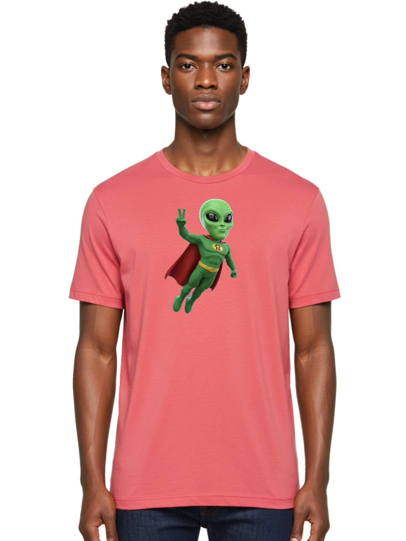 Alien-Superhero Men'S Graphic Tee, 100% Cotton, Comfortable Casual Summer Wear, Machine Washable, Cartoon Alien, Superhero Costume, Red Cape, Yellow Belt, Peace Sign, Green Alien, Superhero Emblem, Cartoon Character, 3D Illustration, Bab634 29