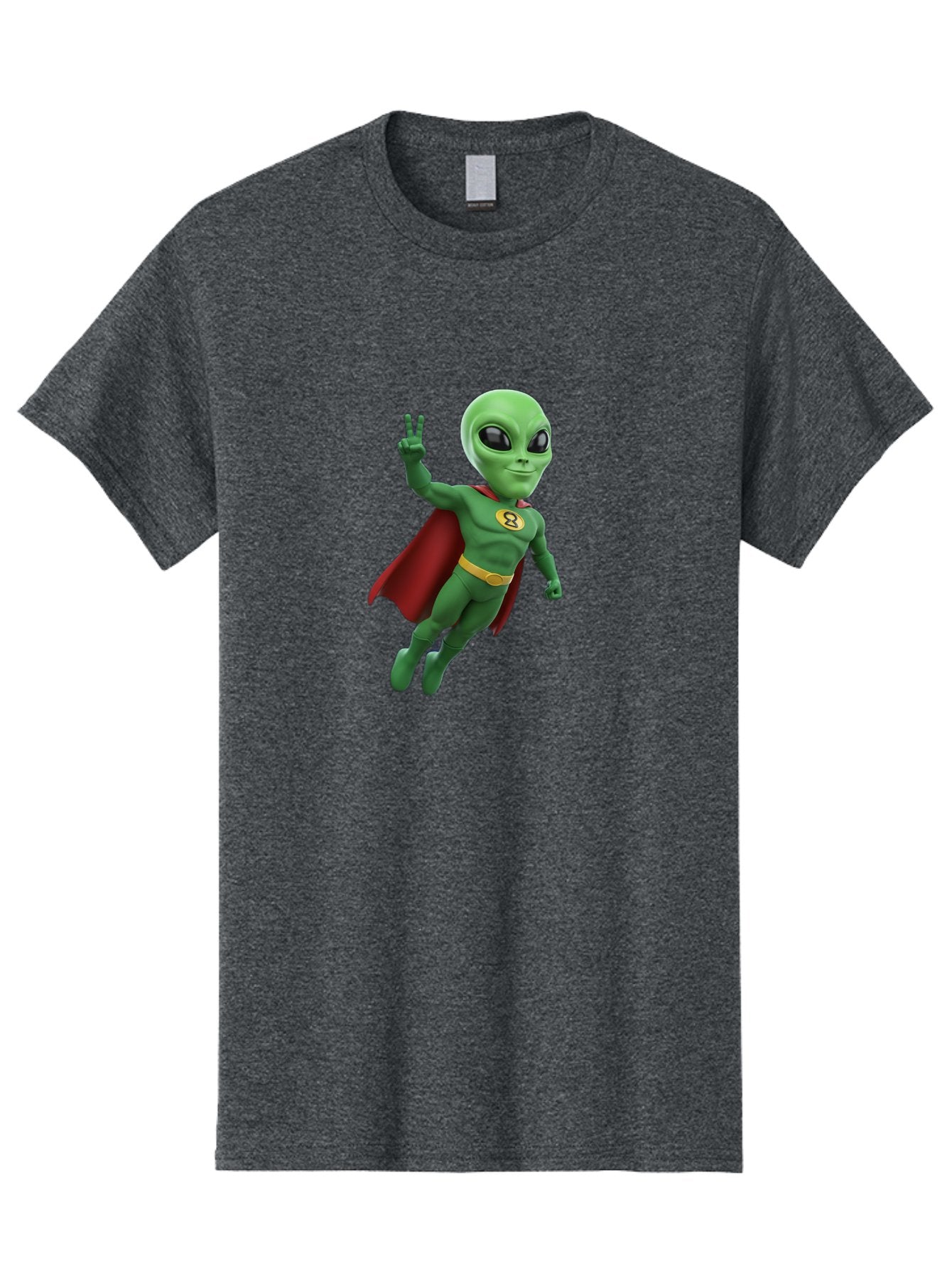 Alien-Superhero Men'S Graphic Tee, 100% Cotton, Comfortable Casual Summer Wear, Machine Washable, Cartoon Alien, Superhero Costume, Red Cape, Yellow Belt, Peace Sign, Green Alien, Superhero Emblem, Cartoon Character, 3D Illustration, Bab634 15