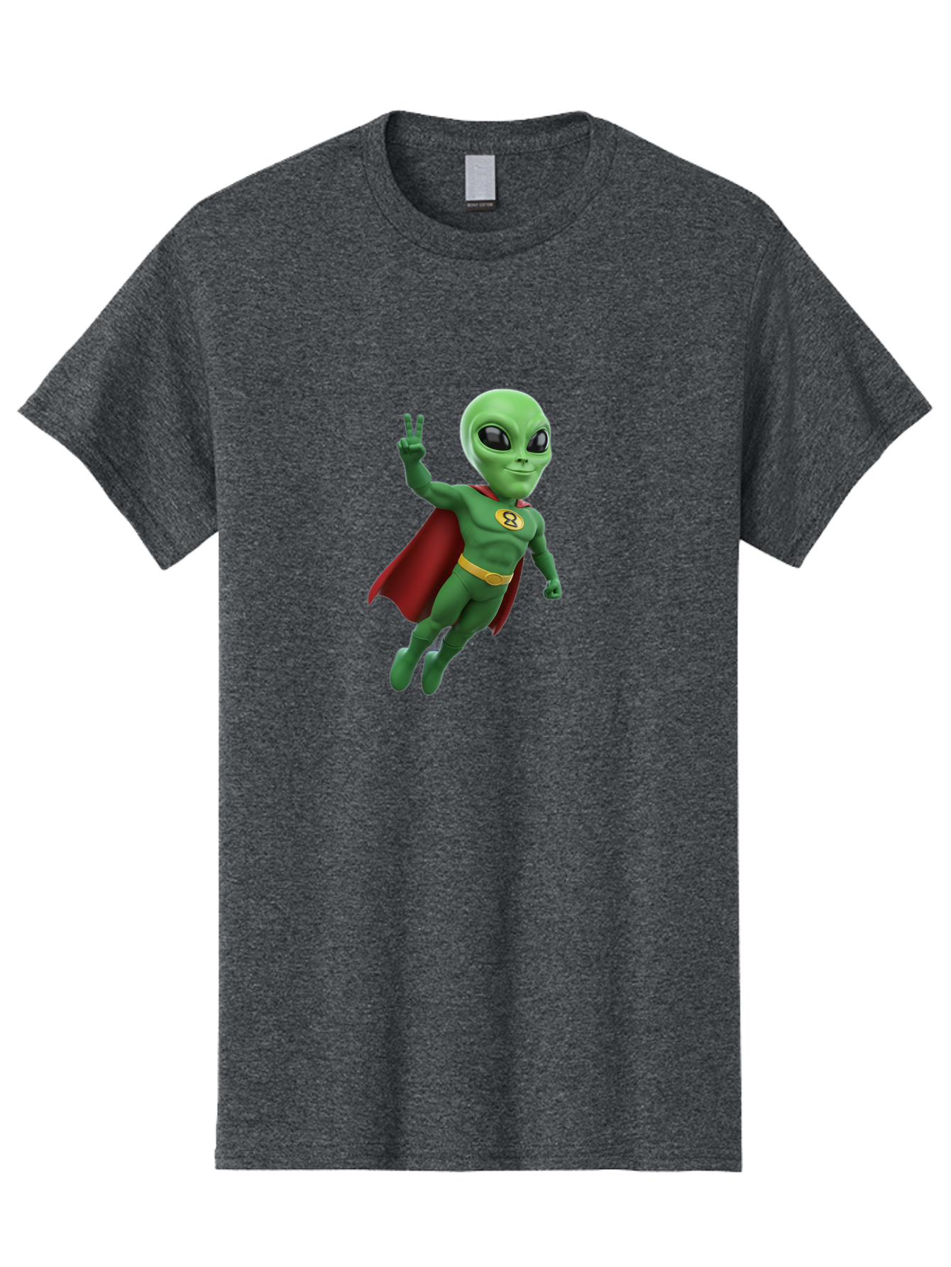 Alien-Superhero Men'S Graphic Tee, 100% Cotton, Comfortable Casual Summer Wear, Machine Washable, Cartoon Alien, Superhero Costume, Red Cape, Yellow Belt, Peace Sign, Green Alien, Superhero Emblem, Cartoon Character, 3D Illustration, Bab634