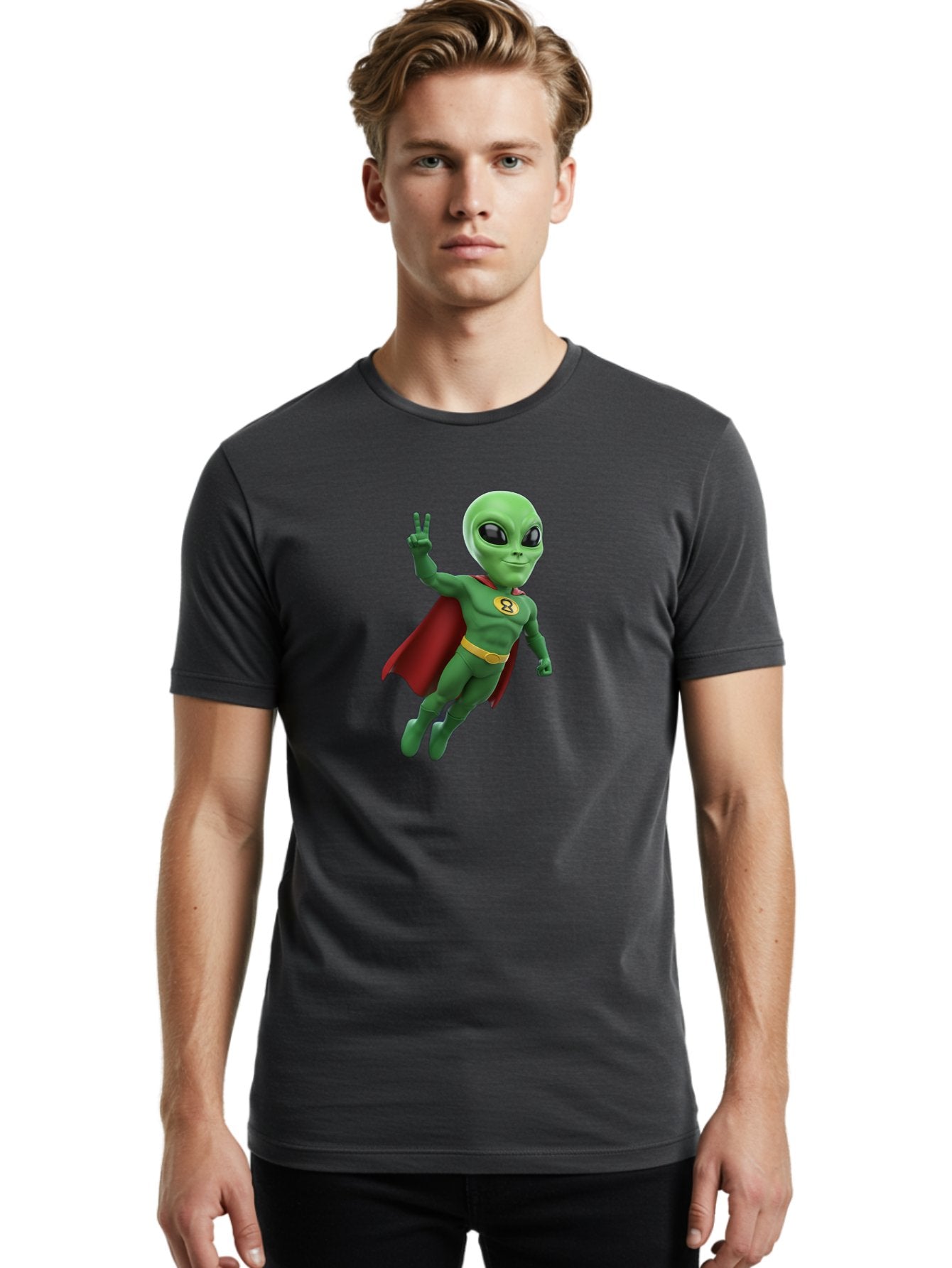 Alien-Superhero Men'S Graphic Tee, 100% Cotton, Comfortable Casual Summer Wear, Machine Washable, Cartoon Alien, Superhero Costume, Red Cape, Yellow Belt, Peace Sign, Green Alien, Superhero Emblem, Cartoon Character, 3D Illustration, Bab634 30