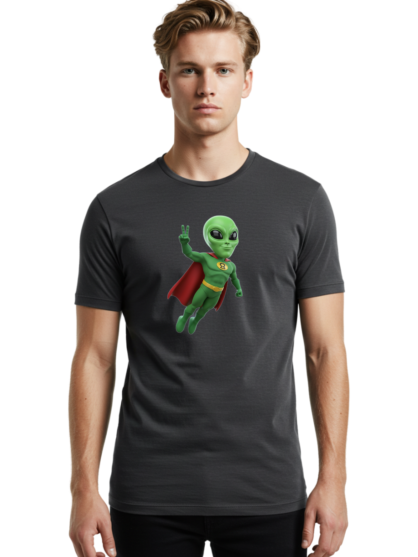 Alien-Superhero Men'S Graphic Tee, 100% Cotton, Comfortable Casual Summer Wear, Machine Washable, Cartoon Alien, Superhero Costume, Red Cape, Yellow Belt, Peace Sign, Green Alien, Superhero Emblem, Cartoon Character, 3D Illustration, Bab634 16