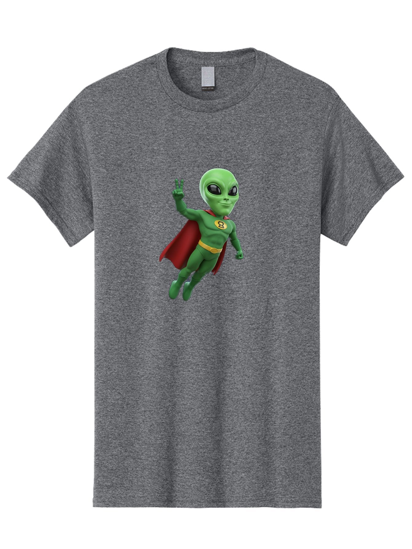 Alien-Superhero Men'S Graphic Tee, 100% Cotton, Comfortable Casual Summer Wear, Machine Washable, Cartoon Alien, Superhero Costume, Red Cape, Yellow Belt, Peace Sign, Green Alien, Superhero Emblem, Cartoon Character, 3D Illustration, Bab634 8