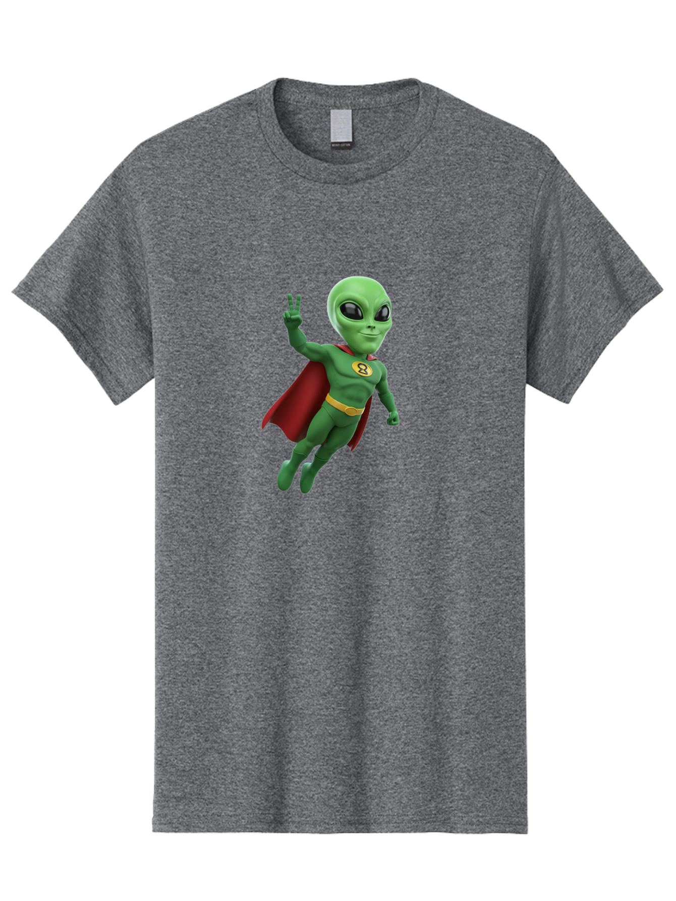 Alien-Superhero Men'S Graphic Tee, 100% Cotton, Comfortable Casual Summer Wear, Machine Washable, Cartoon Alien, Superhero Costume, Red Cape, Yellow Belt, Peace Sign, Green Alien, Superhero Emblem, Cartoon Character, 3D Illustration, Bab634 6