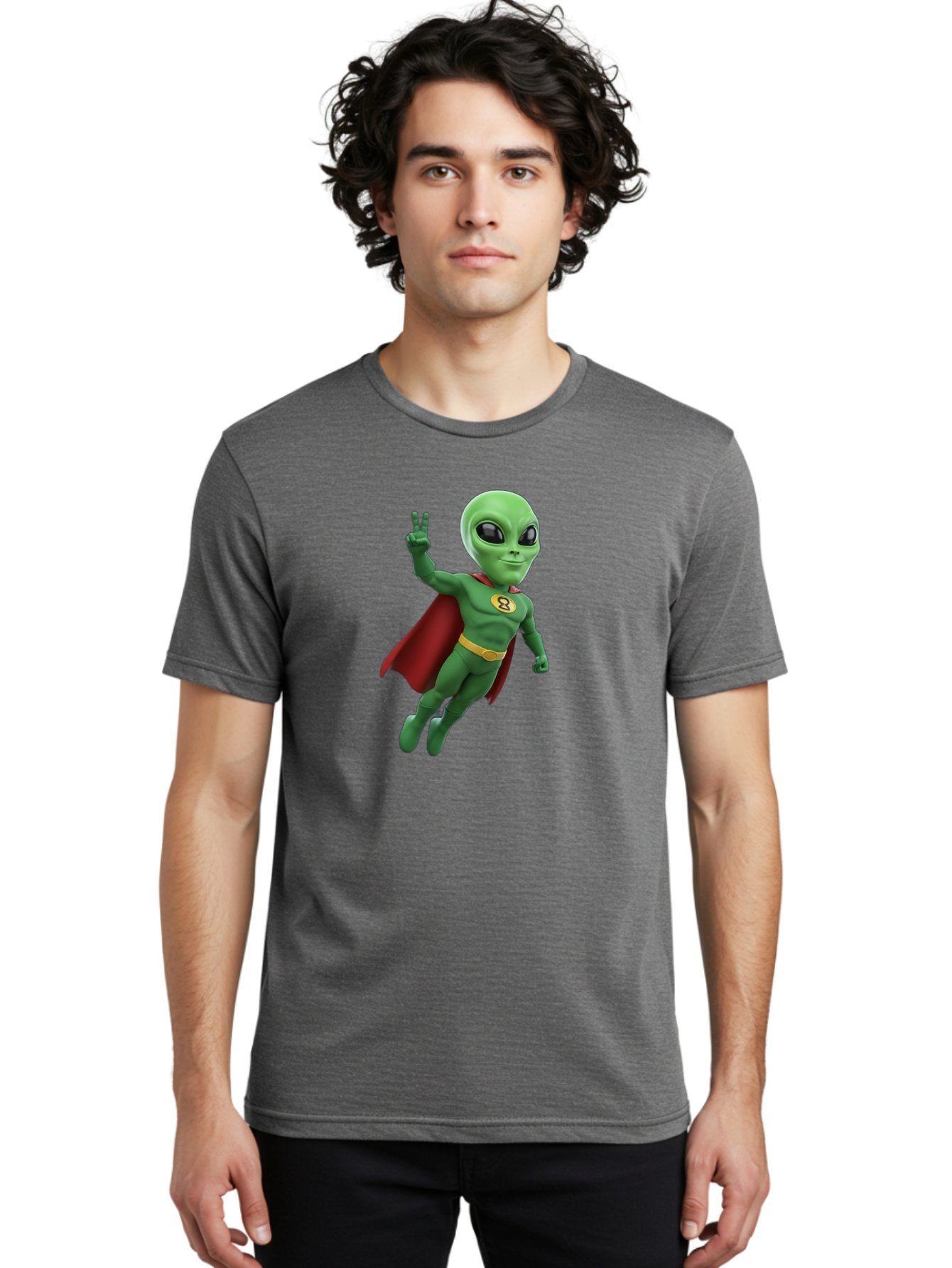 Alien-Superhero Men'S Graphic Tee, 100% Cotton, Comfortable Casual Summer Wear, Machine Washable, Cartoon Alien, Superhero Costume, Red Cape, Yellow Belt, Peace Sign, Green Alien, Superhero Emblem, Cartoon Character, 3D Illustration, Bab634 25