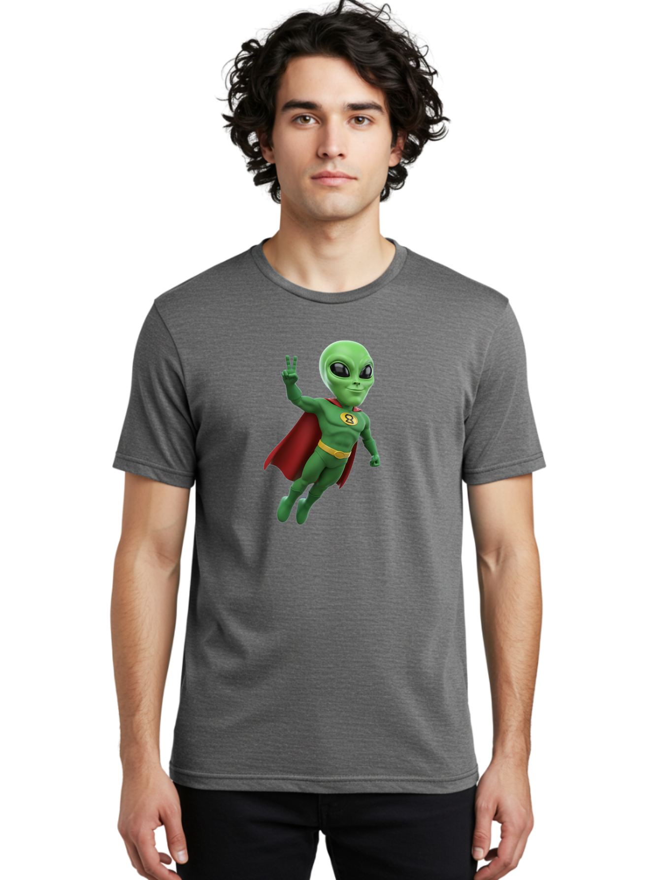 Alien-Superhero Men'S Graphic Tee, 100% Cotton, Comfortable Casual Summer Wear, Machine Washable, Cartoon Alien, Superhero Costume, Red Cape, Yellow Belt, Peace Sign, Green Alien, Superhero Emblem, Cartoon Character, 3D Illustration, Bab634 21