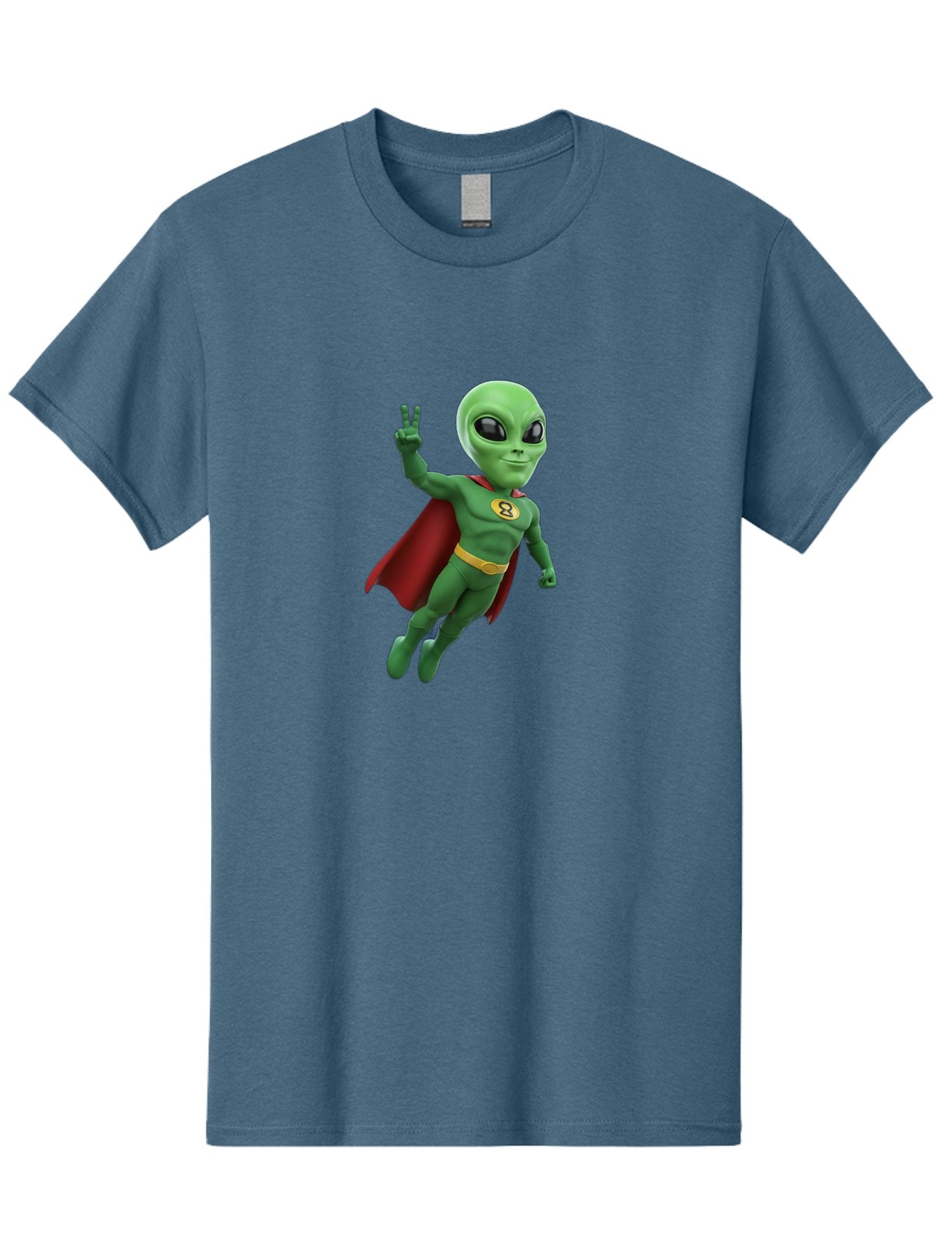 Alien-Superhero Men'S Graphic Tee, 100% Cotton, Comfortable Casual Summer Wear, Machine Washable, Cartoon Alien, Superhero Costume, Red Cape, Yellow Belt, Peace Sign, Green Alien, Superhero Emblem, Cartoon Character, 3D Illustration, Bab634 10