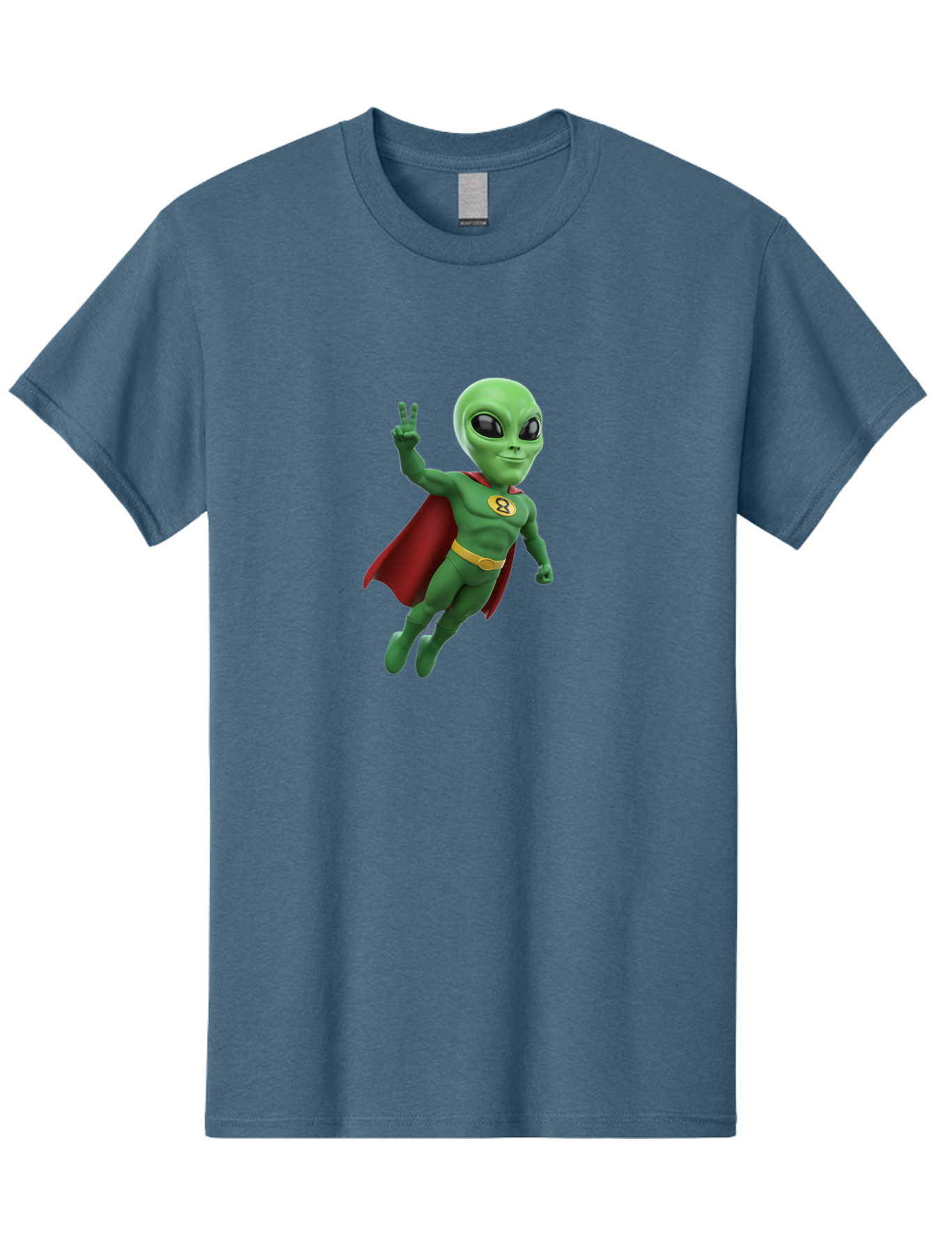 Alien-Superhero Men'S Graphic Tee, 100% Cotton, Comfortable Casual Summer Wear, Machine Washable, Cartoon Alien, Superhero Costume, Red Cape, Yellow Belt, Peace Sign, Green Alien, Superhero Emblem, Cartoon Character, 3D Illustration, Bab634 14