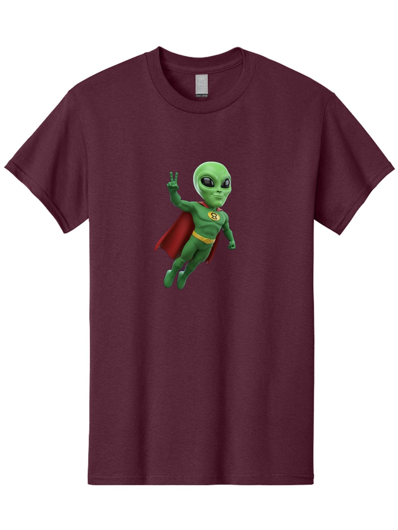 Alien-Superhero Men'S Graphic Tee, 100% Cotton, Comfortable Casual Summer Wear, Machine Washable, Cartoon Alien, Superhero Costume, Red Cape, Yellow Belt, Peace Sign, Green Alien, Superhero Emblem, Cartoon Character, 3D Illustration, Bab634 6