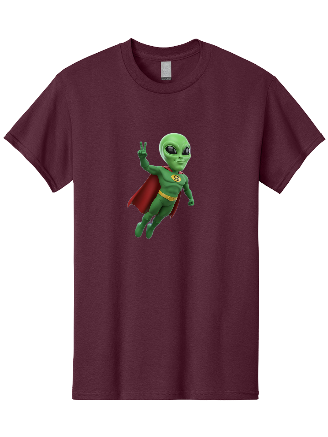 Alien-Superhero Men'S Graphic Tee, 100% Cotton, Comfortable Casual Summer Wear, Machine Washable, Cartoon Alien, Superhero Costume, Red Cape, Yellow Belt, Peace Sign, Green Alien, Superhero Emblem, Cartoon Character, 3D Illustration, Bab634 7