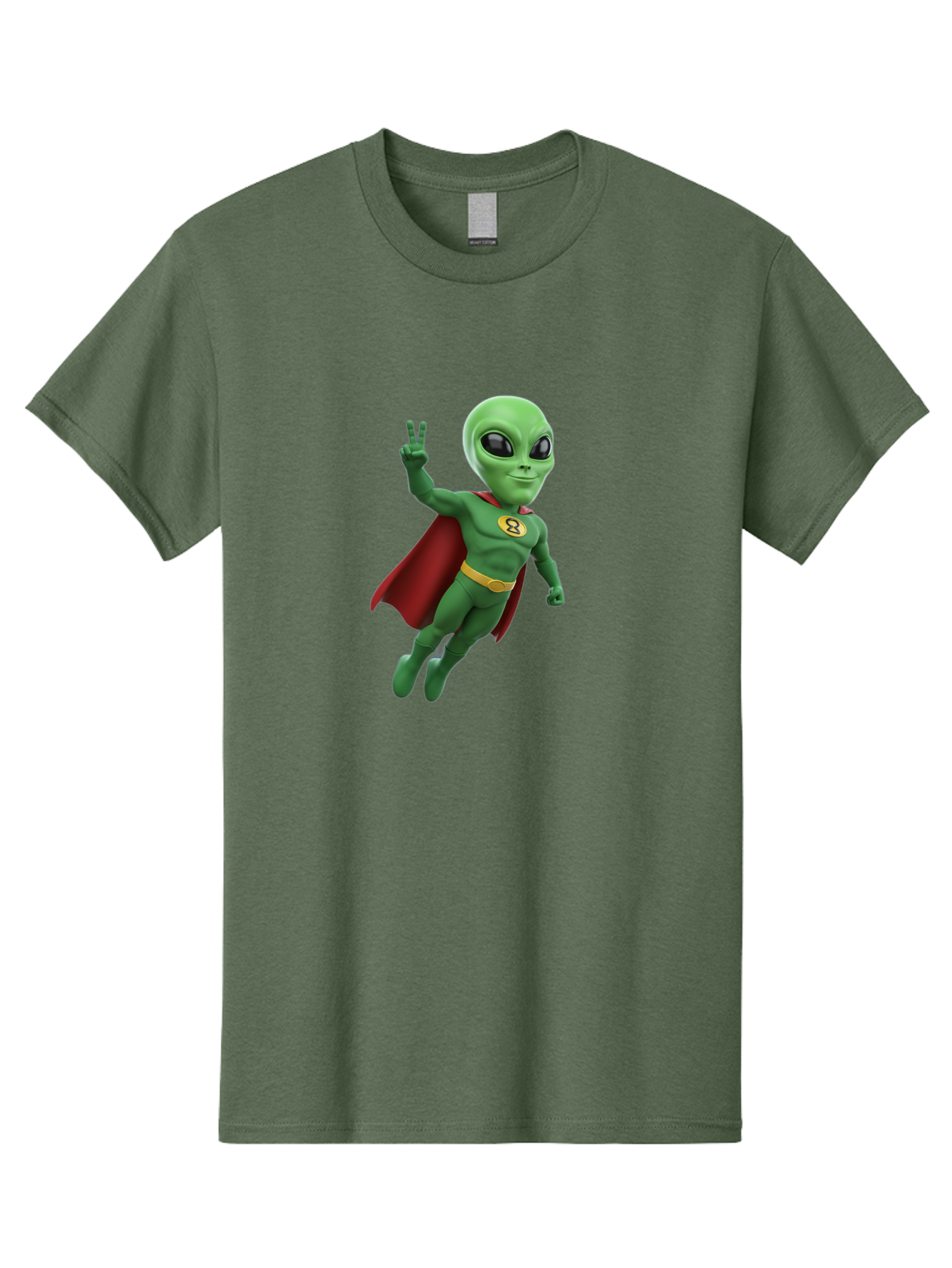 Alien-Superhero Men'S Graphic Tee, 100% Cotton, Comfortable Casual Summer Wear, Machine Washable, Cartoon Alien, Superhero Costume, Red Cape, Yellow Belt, Peace Sign, Green Alien, Superhero Emblem, Cartoon Character, 3D Illustration, Bab634 12