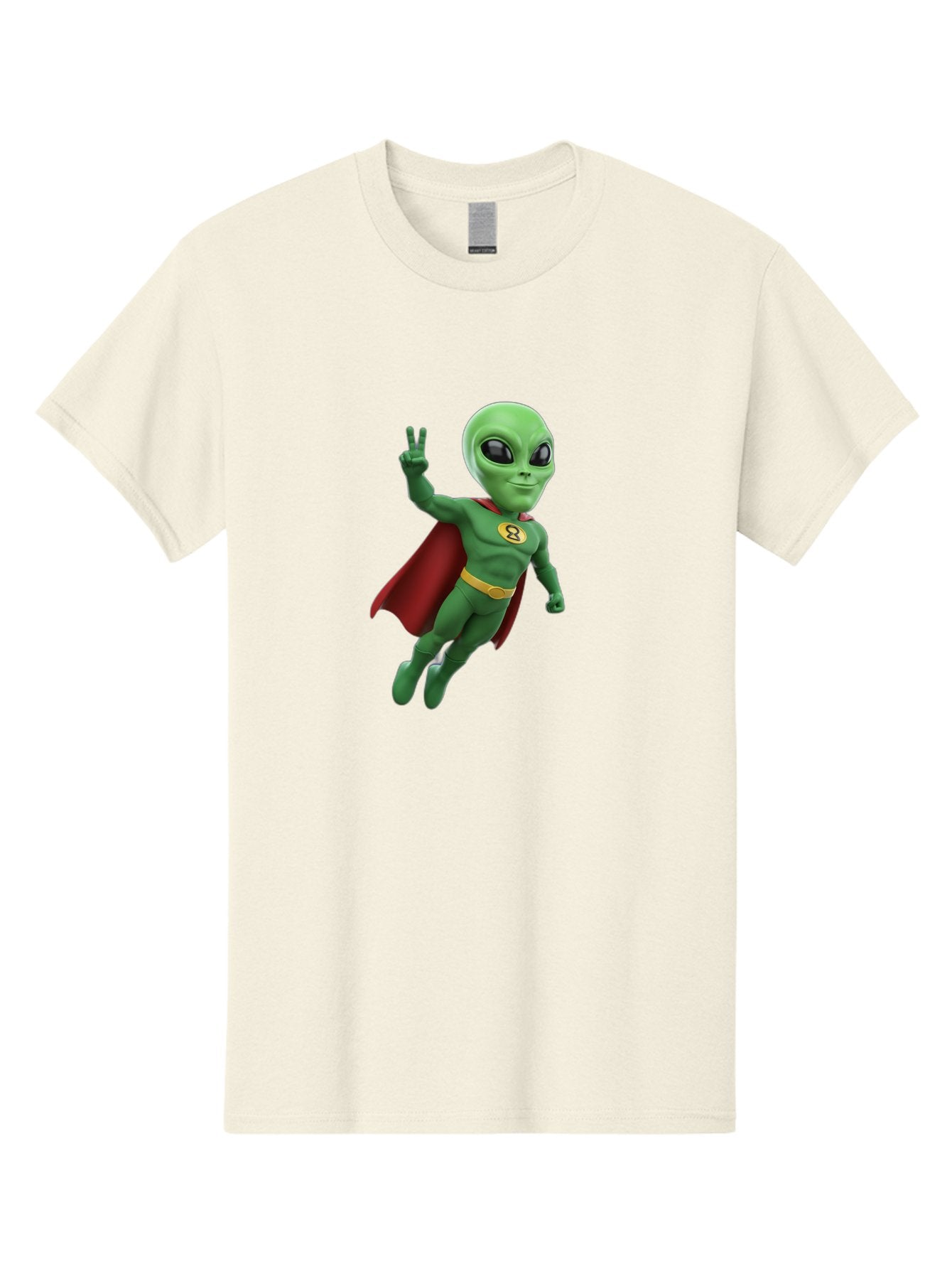Alien-Superhero Men'S Graphic Tee, 100% Cotton, Comfortable Casual Summer Wear, Machine Washable, Cartoon Alien, Superhero Costume, Red Cape, Yellow Belt, Peace Sign, Green Alien, Superhero Emblem, Cartoon Character, 3D Illustration, Bab634 3