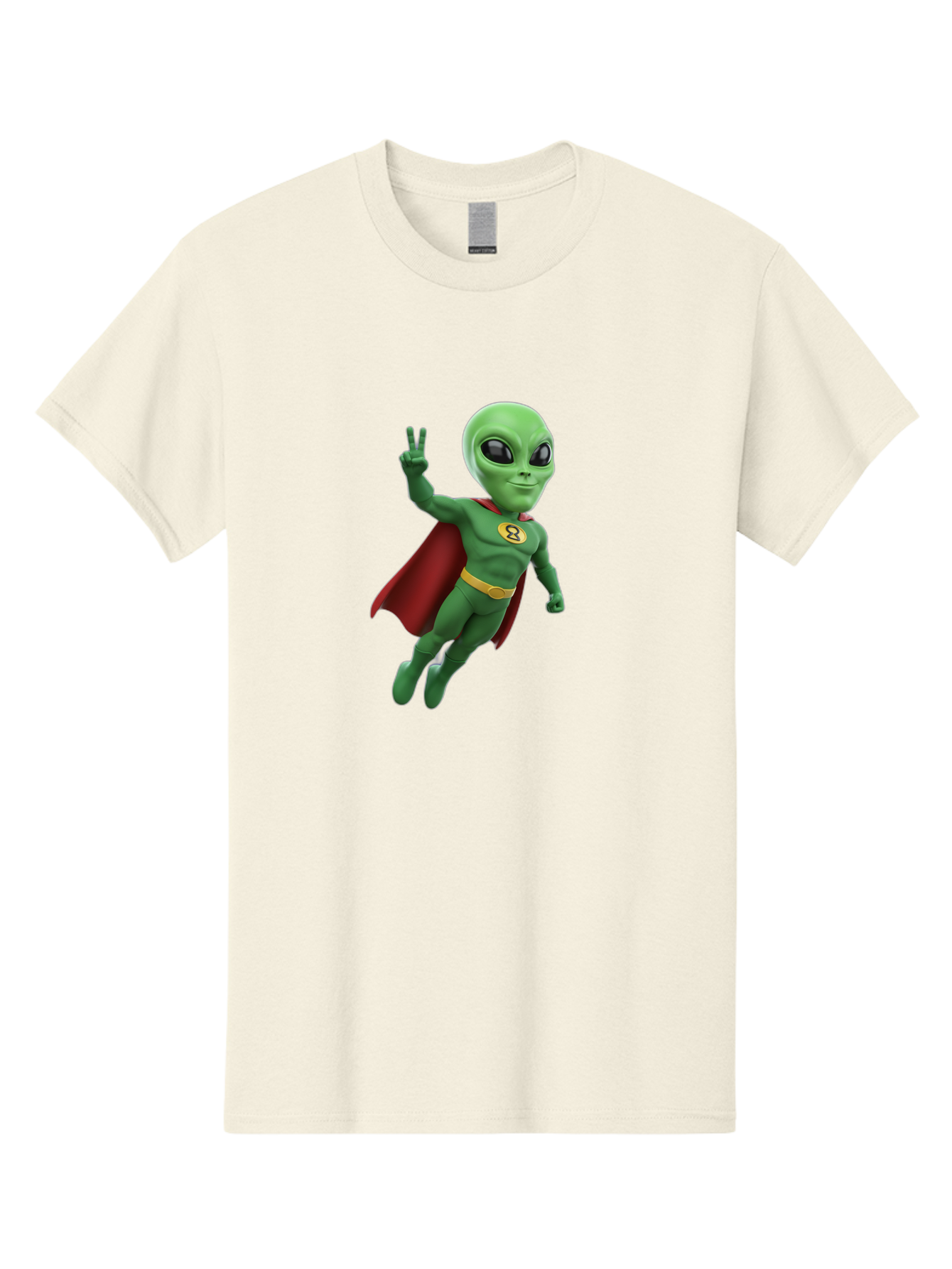 Alien-Superhero Men'S Graphic Tee, 100% Cotton, Comfortable Casual Summer Wear, Machine Washable, Cartoon Alien, Superhero Costume, Red Cape, Yellow Belt, Peace Sign, Green Alien, Superhero Emblem, Cartoon Character, 3D Illustration, Bab634 9