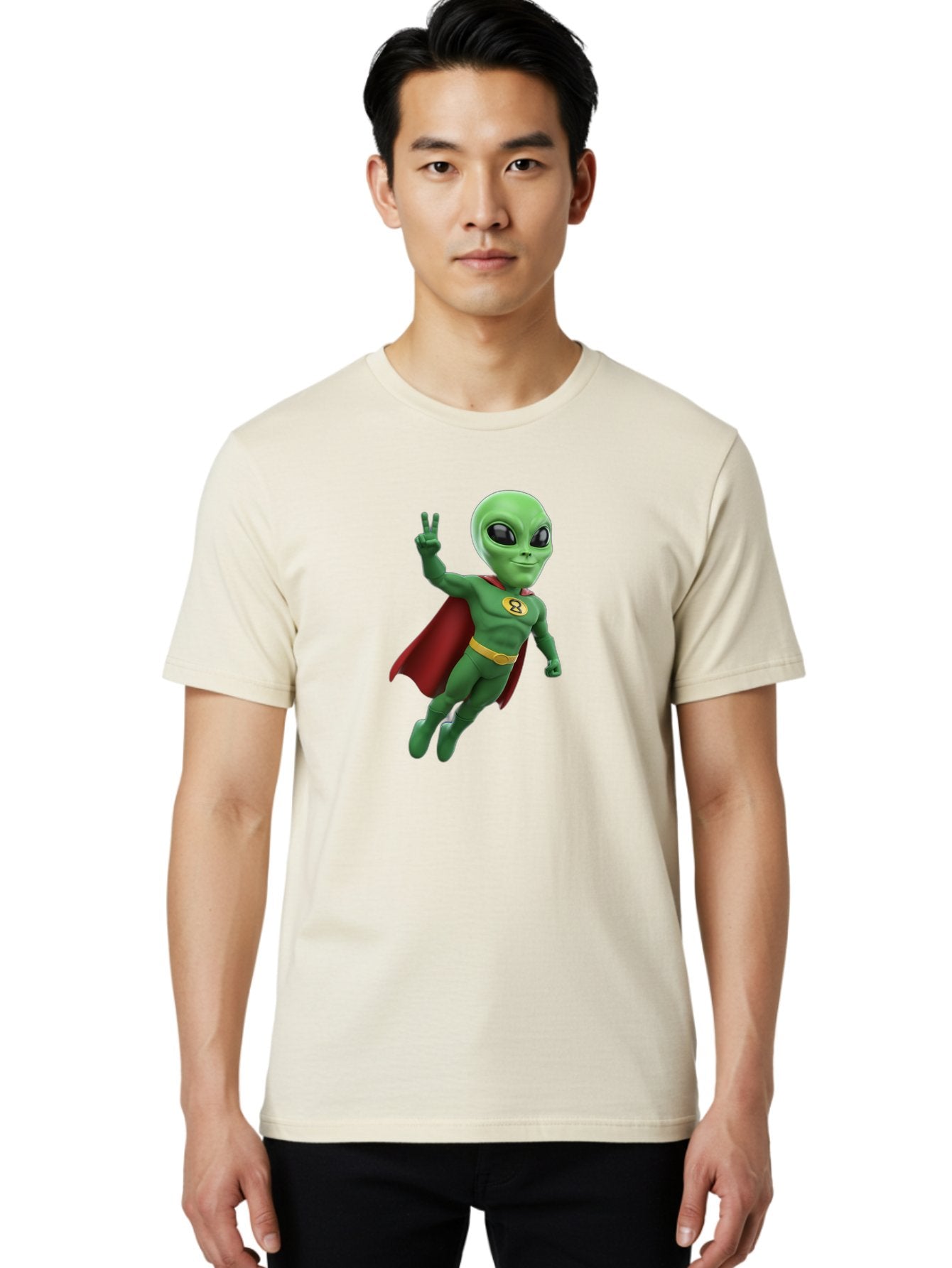 Alien-Superhero Men'S Graphic Tee, 100% Cotton, Comfortable Casual Summer Wear, Machine Washable, Cartoon Alien, Superhero Costume, Red Cape, Yellow Belt, Peace Sign, Green Alien, Superhero Emblem, Cartoon Character, 3D Illustration, Bab634 22